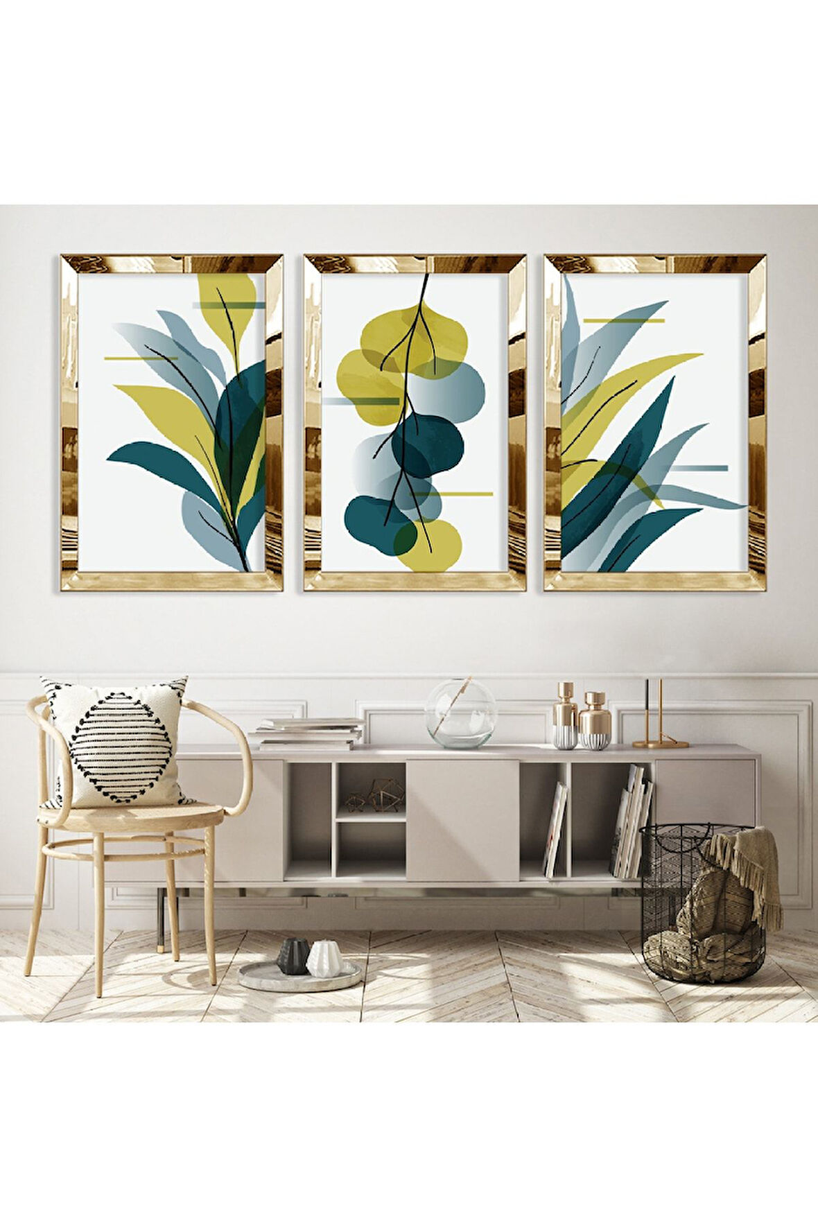 Gümüş Aynalı Pleksi Çerçeveli Üçlü Soyut Desen Üçlü Mdf Tablo Seti