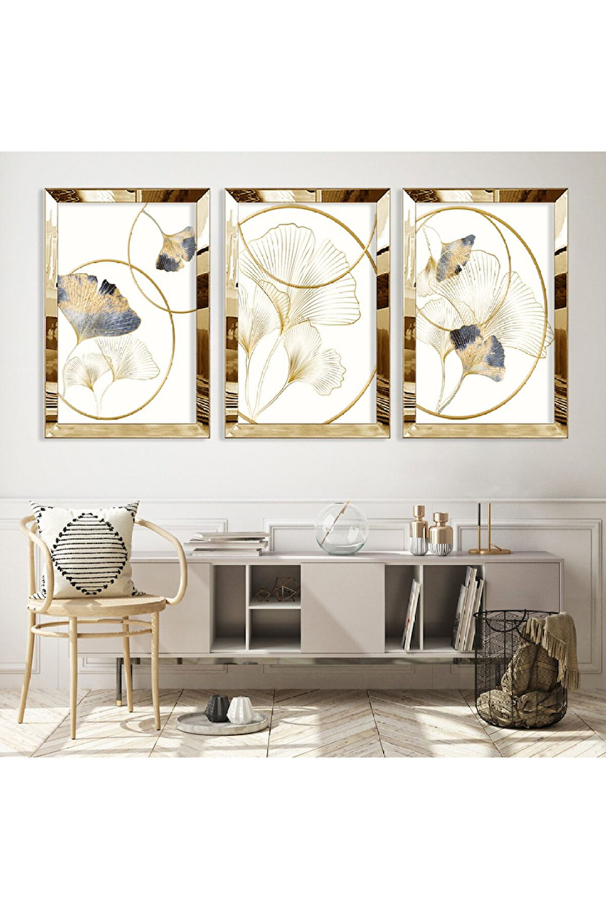 Gümüş Aynalı Pleksi Çerçeveli Minimalist Desenli Soyut Üçlü Mdf Tablo Seti