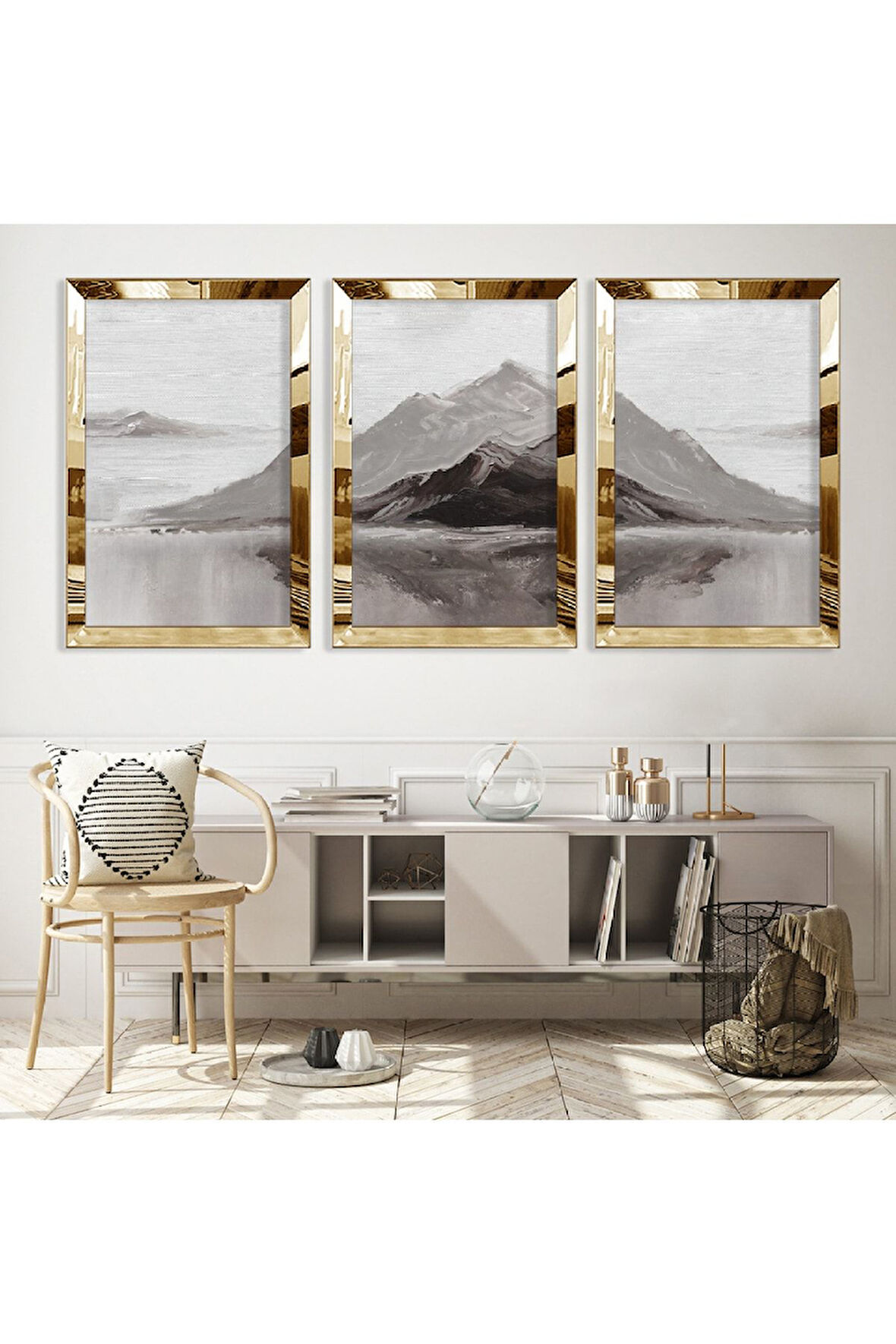 Gümüş Aynalı Pleksi Çerçeveli Kolaj Çizim Dağ Üçlü Mdf Tablo Seti