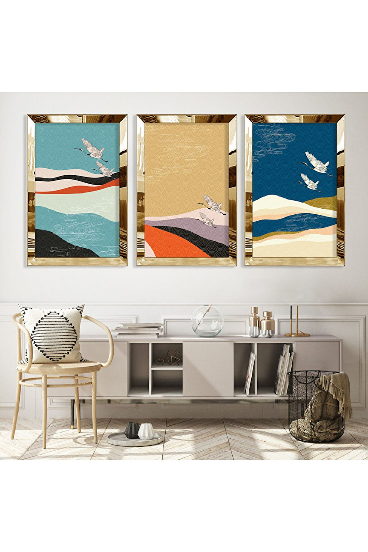 Gümüş Aynalı Pleksi Çerçeveli Minimalist Üçlü Soyut Desen Üçlü Mdf Tablo Seti
