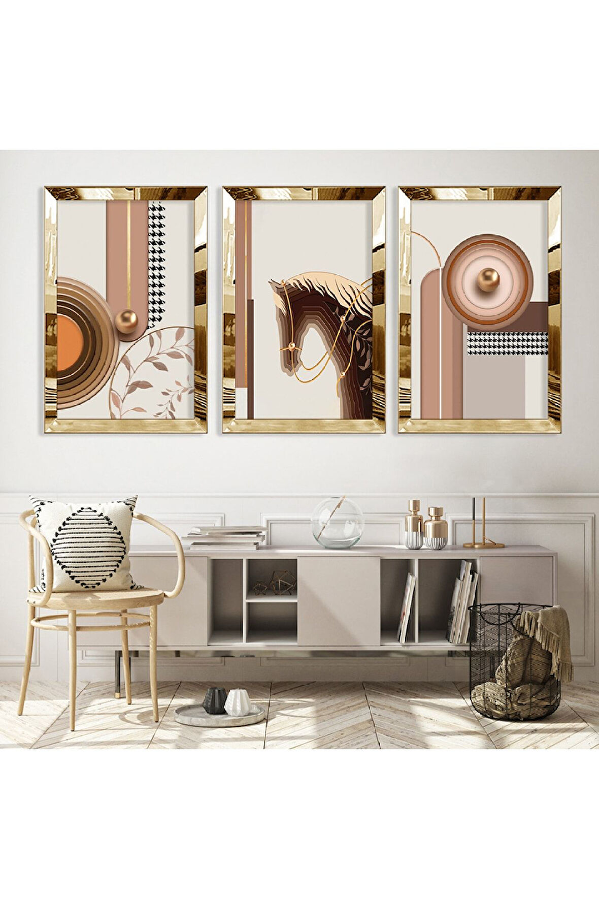 Gümüş Aynalı Pleksi Çerçeveli Minimalist Üçlü Soyut Desen Üçlü Mdf Tablo Seti