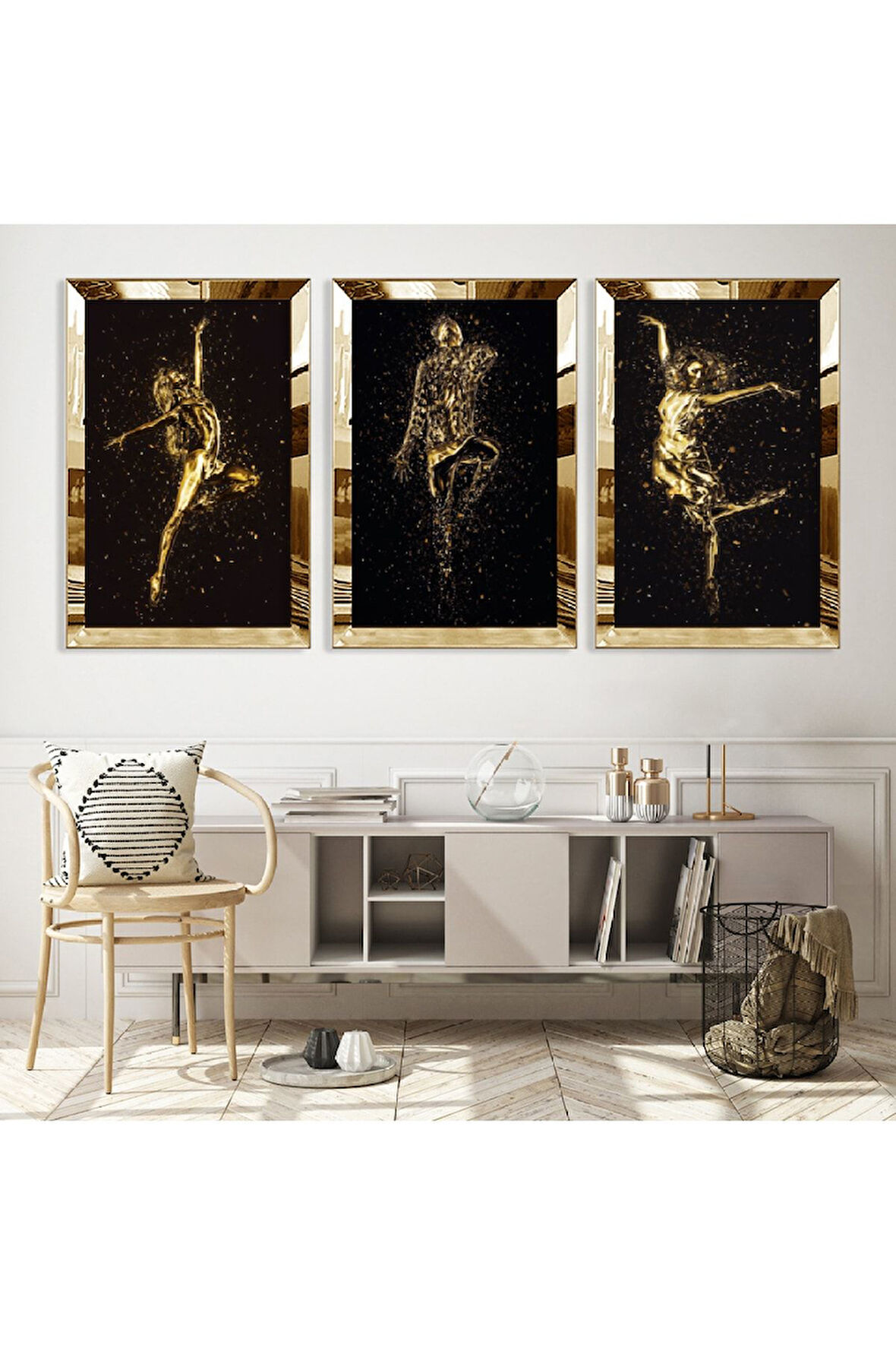 Gümüş Aynalı Pleksi Çerçeveli Sanat Modern Üçlü Mdf Tablo Seti