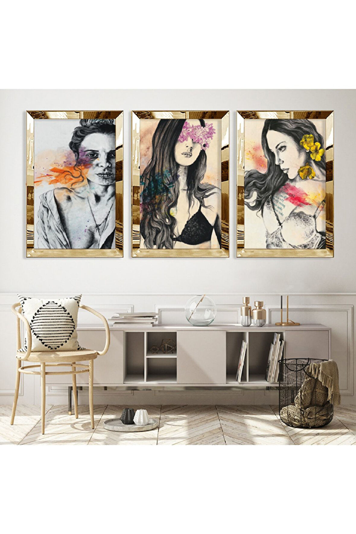 Gümüş Aynalı Pleksi Çerçeveli Eskiz Çizim Üçlü Mdf Tablo Seti