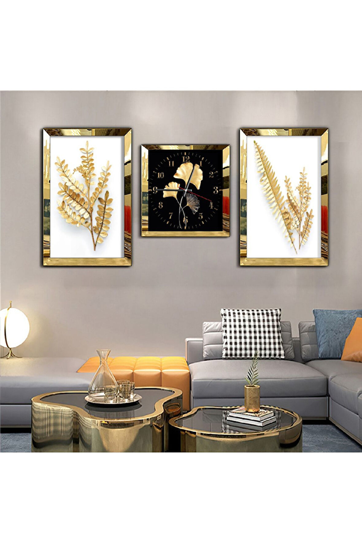 Gümüş Aynalı Pleksi Çerçeveli Buğday Çiçeği Aynalı Üçlü Mdf Tablo Seti Ve Saat Seti