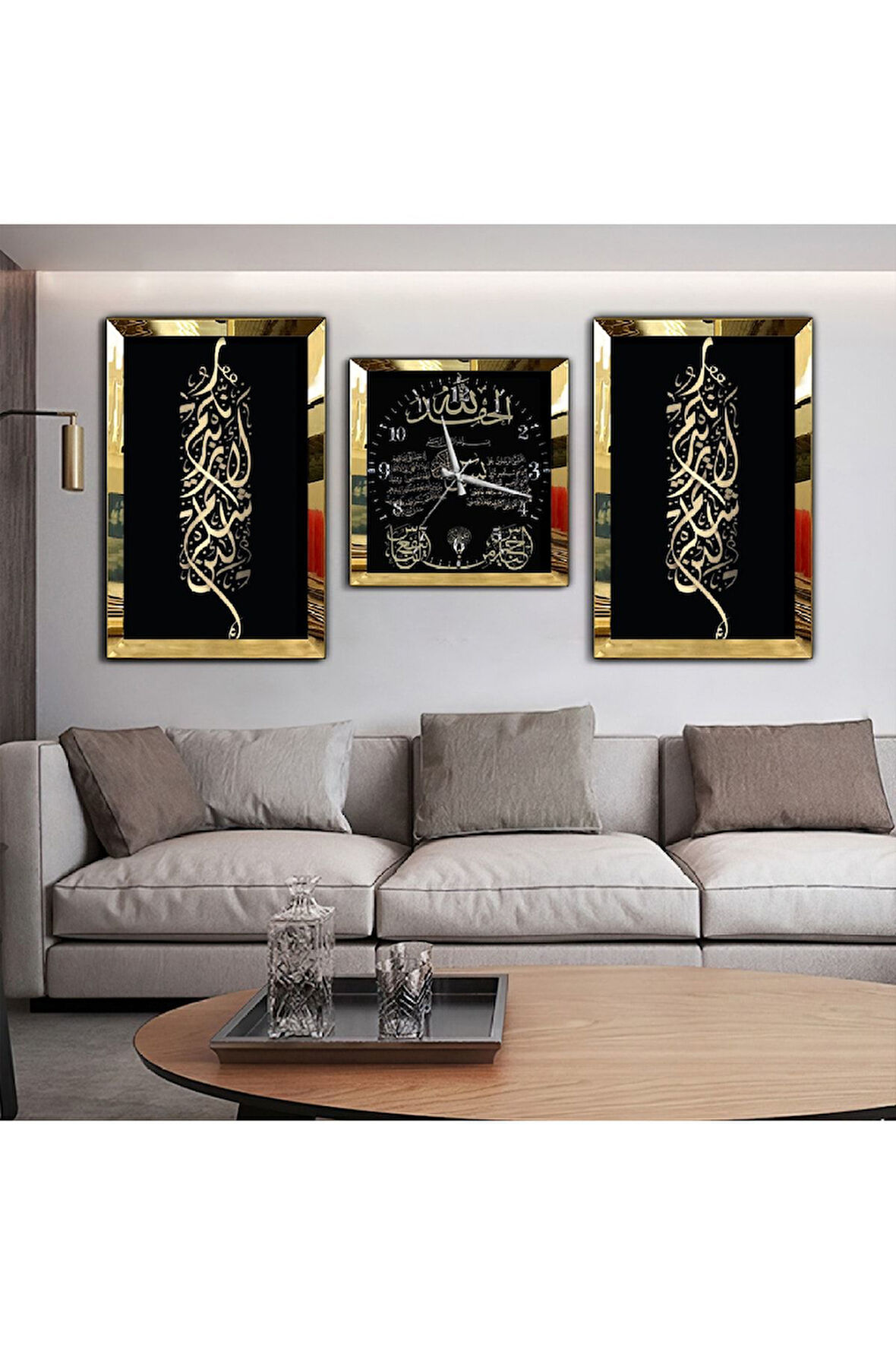 Arapça Dua Dini Aynalı Gold Pleksi Çerçeveli Mdf Tablo Ve Saat Seti
