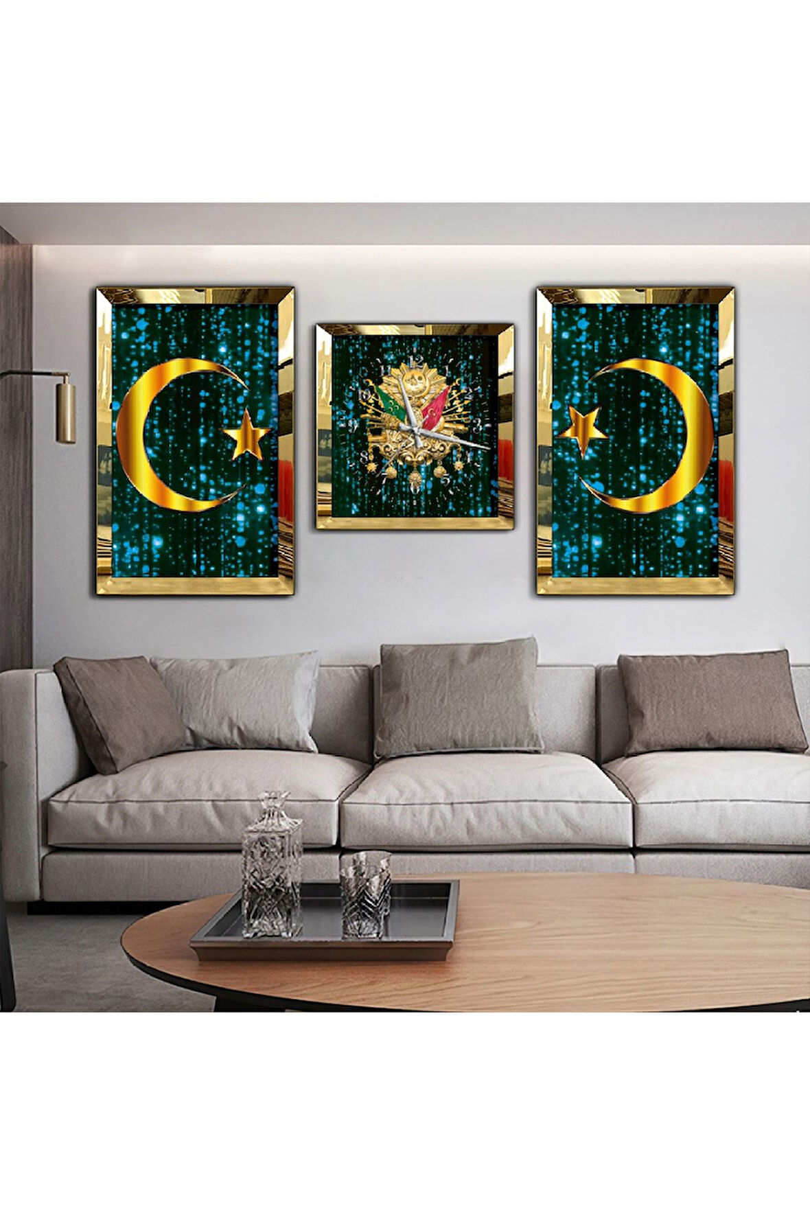 Gümüş Aynalı Pleksi Çerçeveli Osmanlı Tuğrası Aynalı Üçlü Mdf Tablo Seti Ve Saat Seti