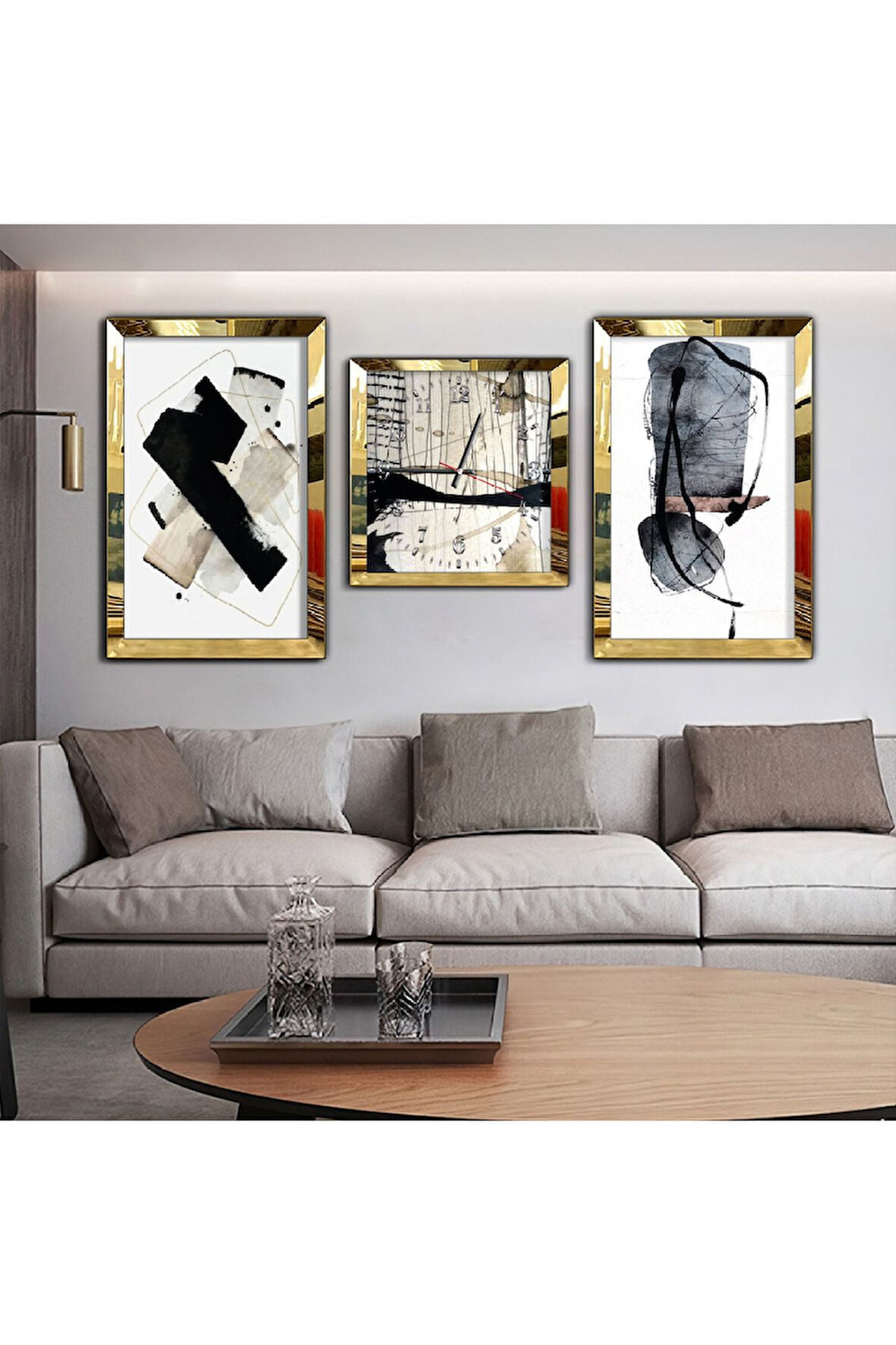 Kolaj Çizim Aynalı Gold Pleksi Çerçeveli Mdf Tablo Ve Saat Seti