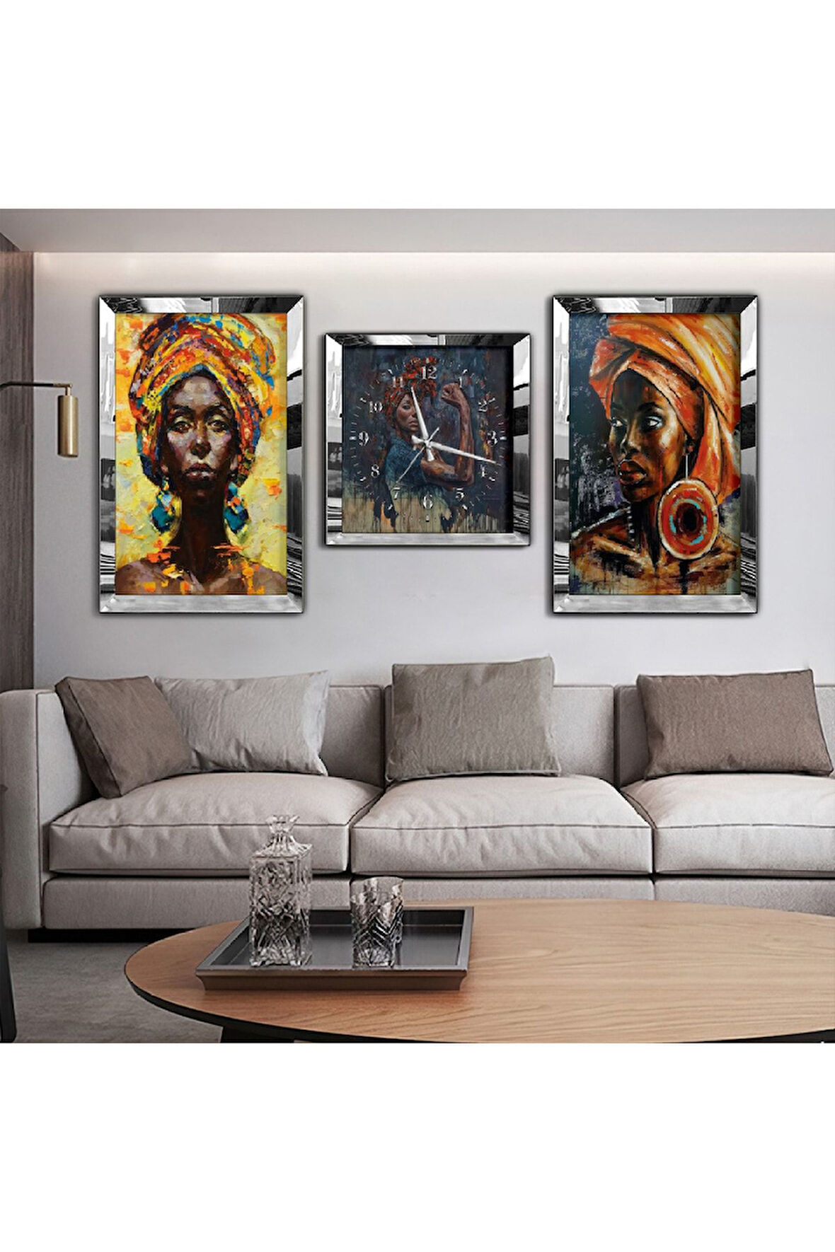 Gold Aynalı Pleksi Çerçeveli Afrikalı Kadın Aynalı Li Üçlü Mdf Tablo Seti Ve Saat Seti