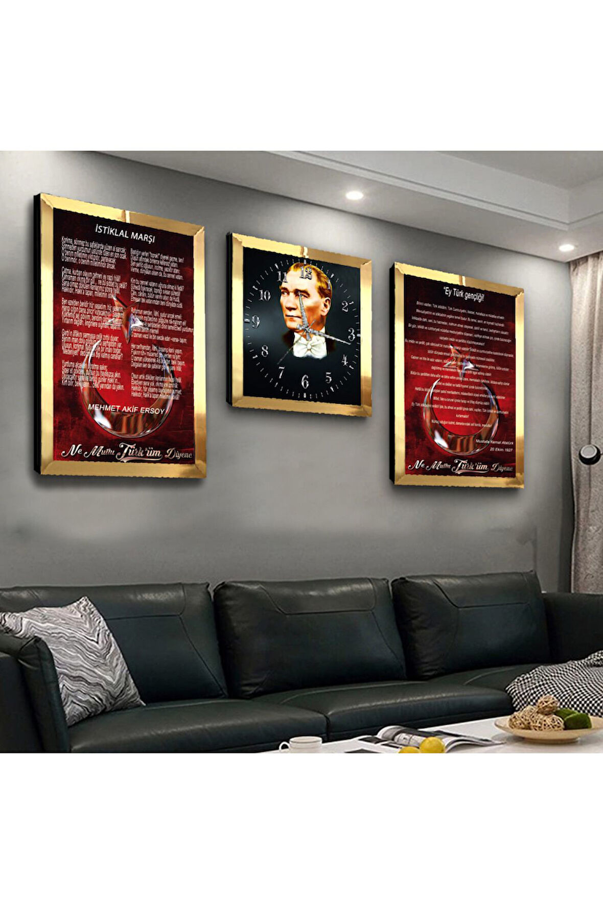 Gold Aynalı Pleksi Çerçeveli Mustafa Kemal Atatürk Aynalı Li Üçlü Mdf Tablo Seti Ve Saat Seti