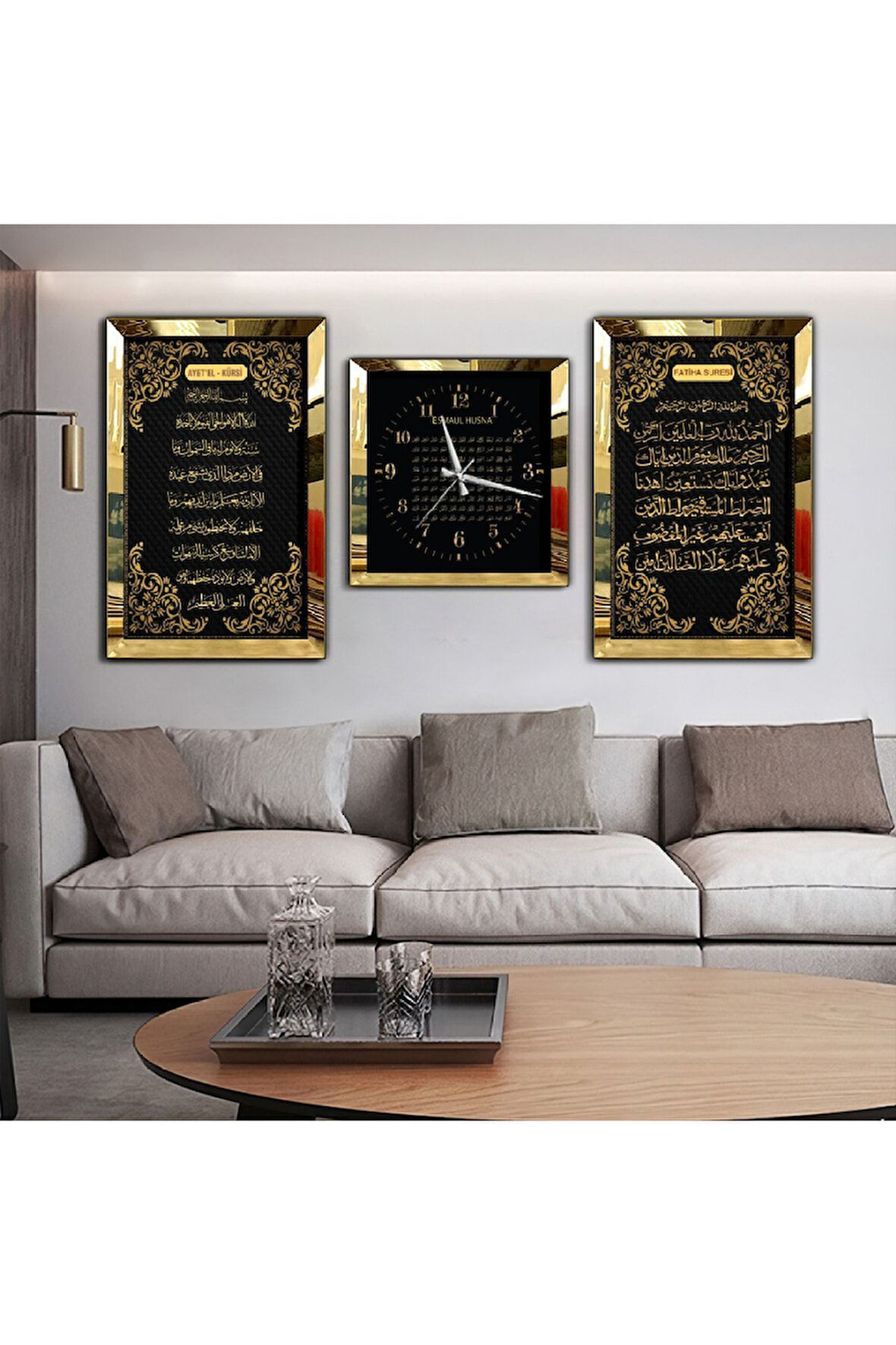 Gümüş Aynalı Pleksi Çerçeveli Ayetel Kürsi Aynalı Üçlü Mdf Tablo Seti Ve Saat Seti