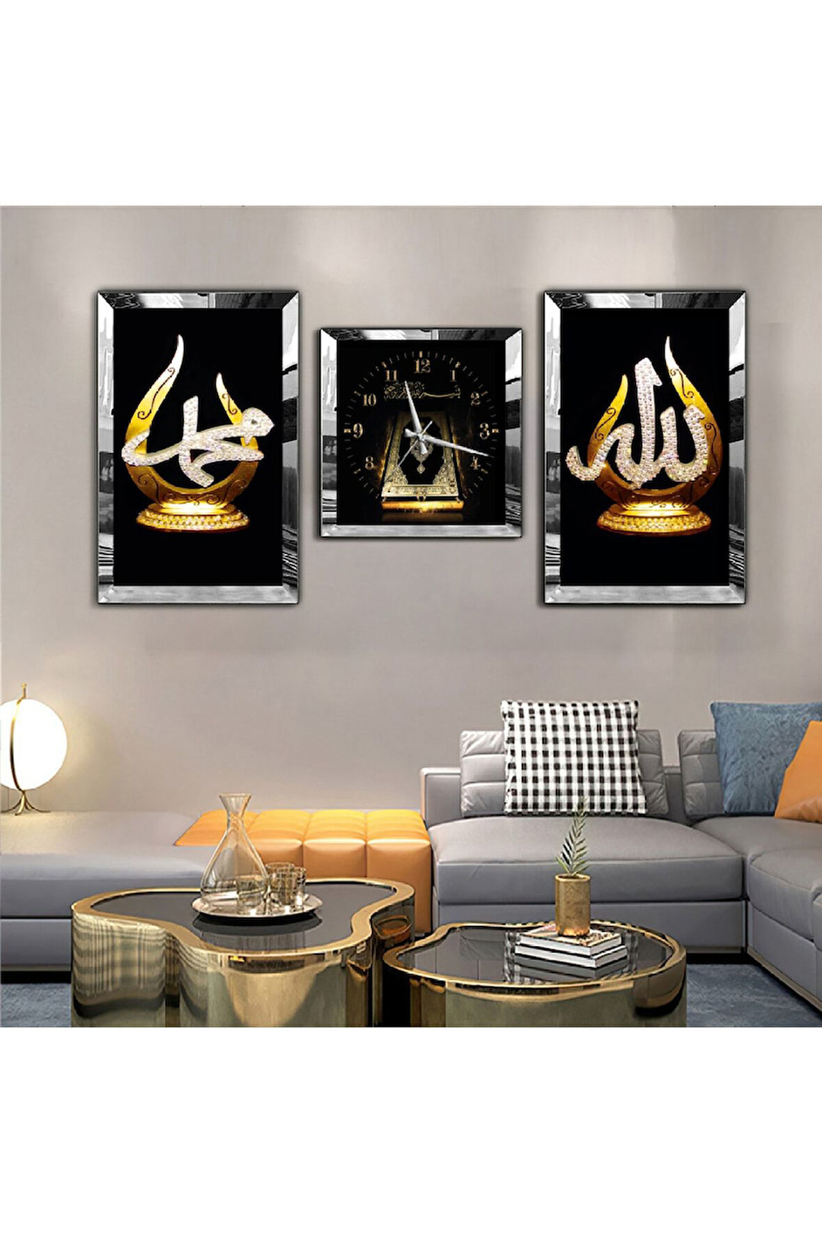 Gümüş Aynalı Pleksi Çerçeveli Hz Muhammed Ve Allah Lafzı Aynalı Üçlü Mdf Tablo Seti Ve Saat Seti