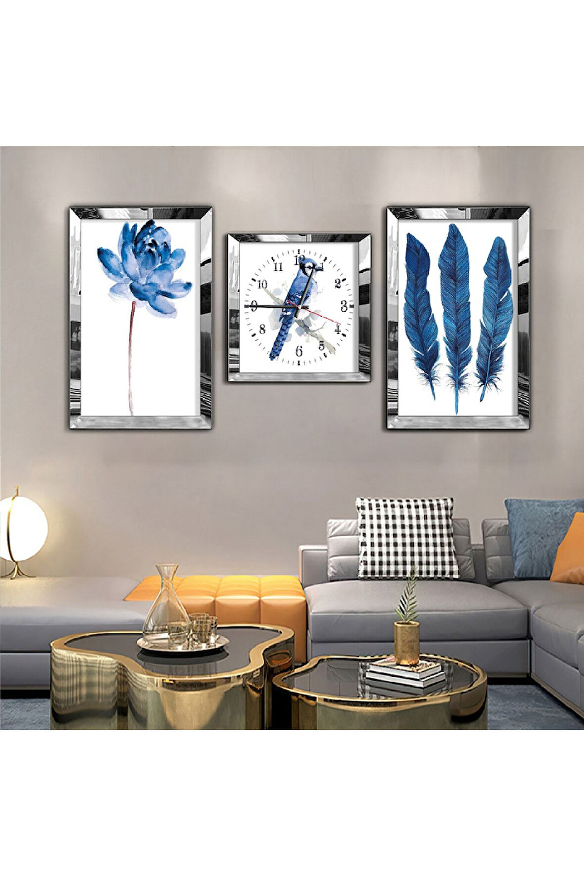 Gold Aynalı Pleksi Çerçeveli Mavi Çiçek Aynalı Li Üçlü Mdf Tablo Seti Ve Saat Seti