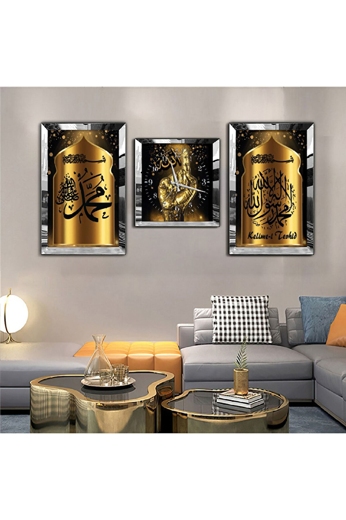 Gold Aynalı Pleksi Çerçeveli Kelimei Tevhid Aynalı Li Üçlü Mdf Tablo Seti Ve Saat Seti