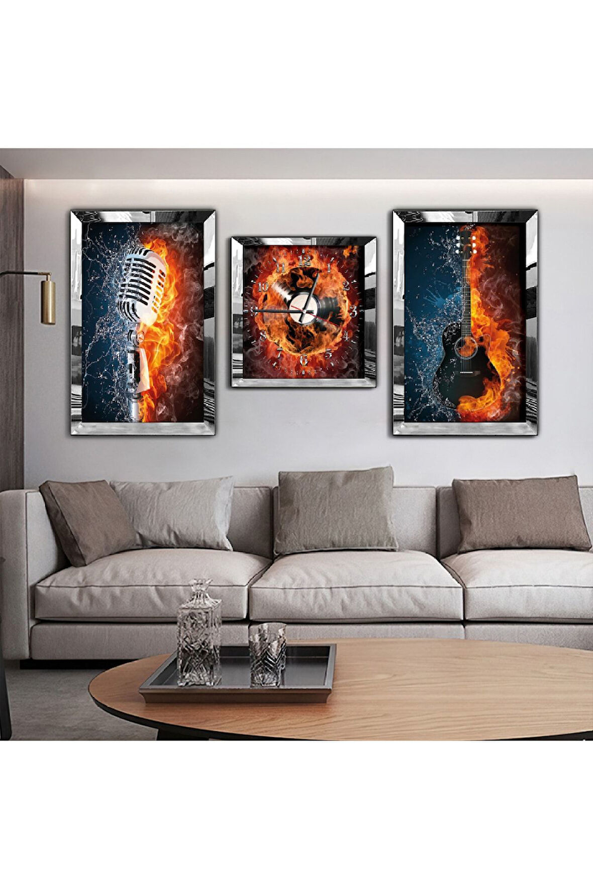 Gold Aynalı Pleksi Çerçeveli Alevli Müzik Aynalı Li Üçlü Mdf Tablo Seti Ve Saat Seti