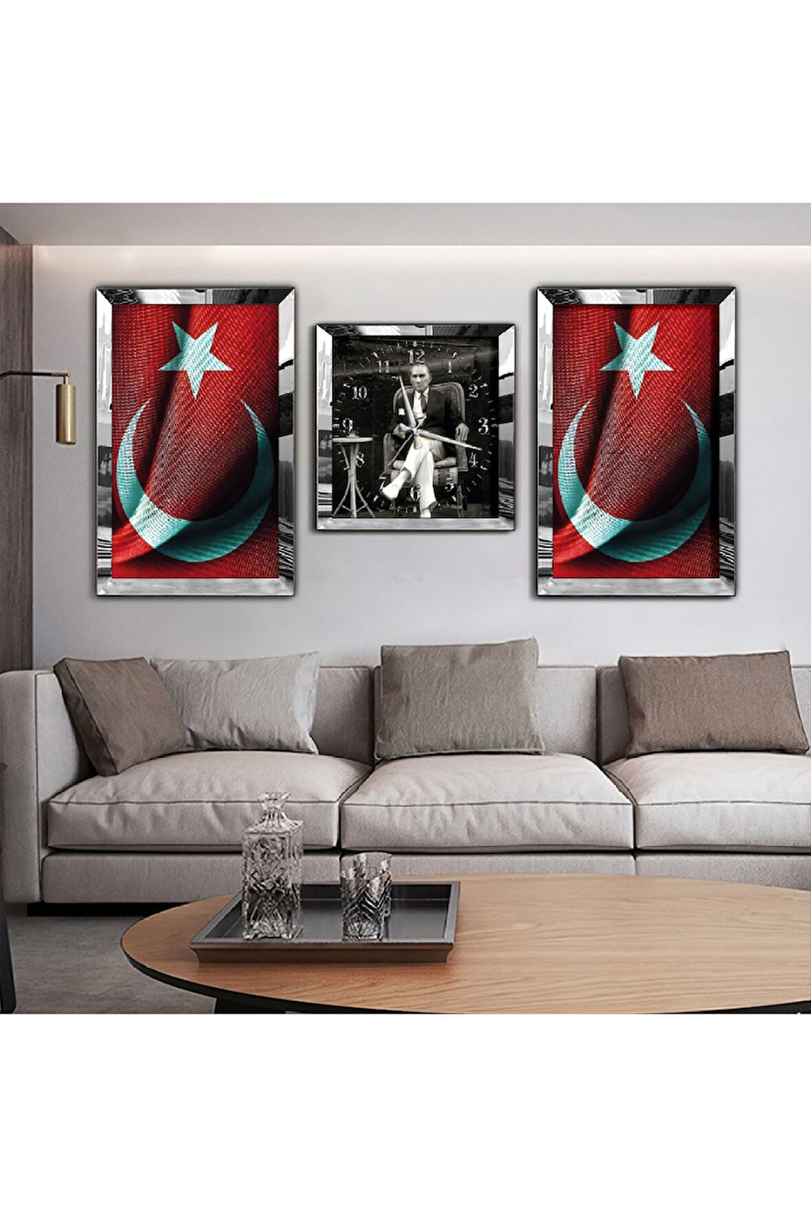 Gold Aynalı Pleksi Çerçeveli Mustafa Kemal Atatürk Aynalı Li Üçlü Mdf Tablo Seti Ve Saat Seti