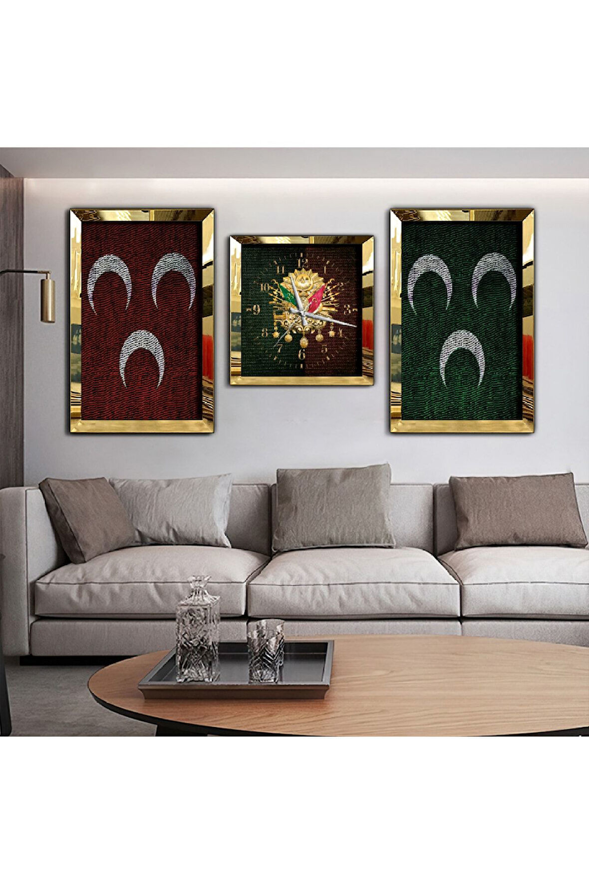 Gümüş Aynalı Pleksi Çerçeveli 3hilal Aynalı Üçlü Mdf Tablo Seti Ve Saat Seti