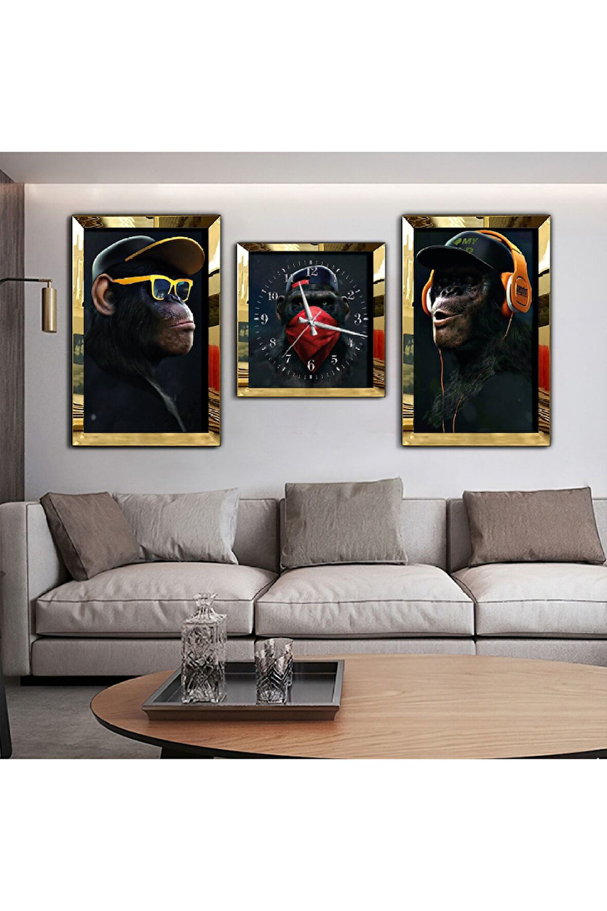 Gümüş Aynalı Pleksi Çerçeveli 3maymun Aynalı Üçlü Mdf Tablo Seti Ve Saat Seti