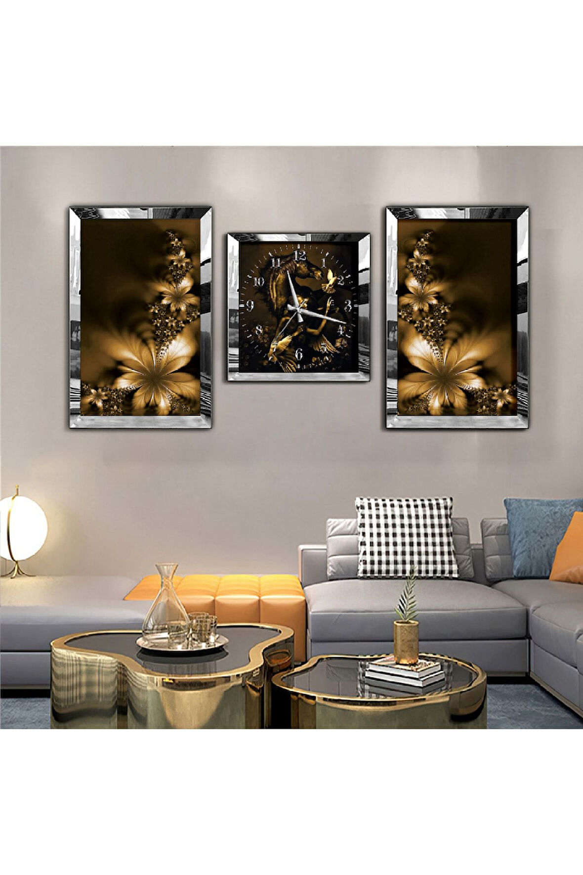 Gold Aynalı Pleksi Çerçeveli Çiçek Aynalı Li Üçlü Mdf Tablo Seti Ve Saat Seti
