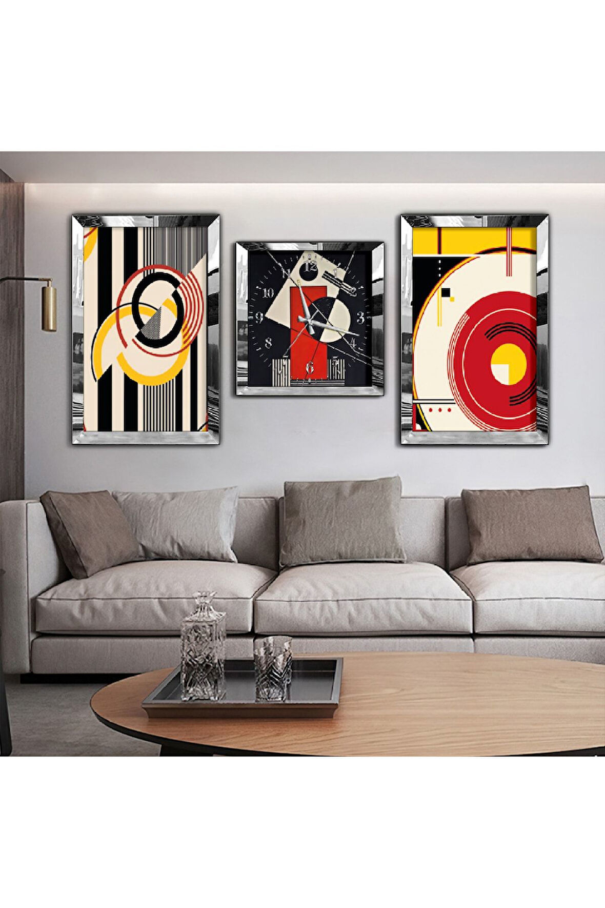 Gold Aynalı Pleksi Çerçeveli Renkli Aynalı Li Üçlü Mdf Tablo Seti Ve Saat Seti