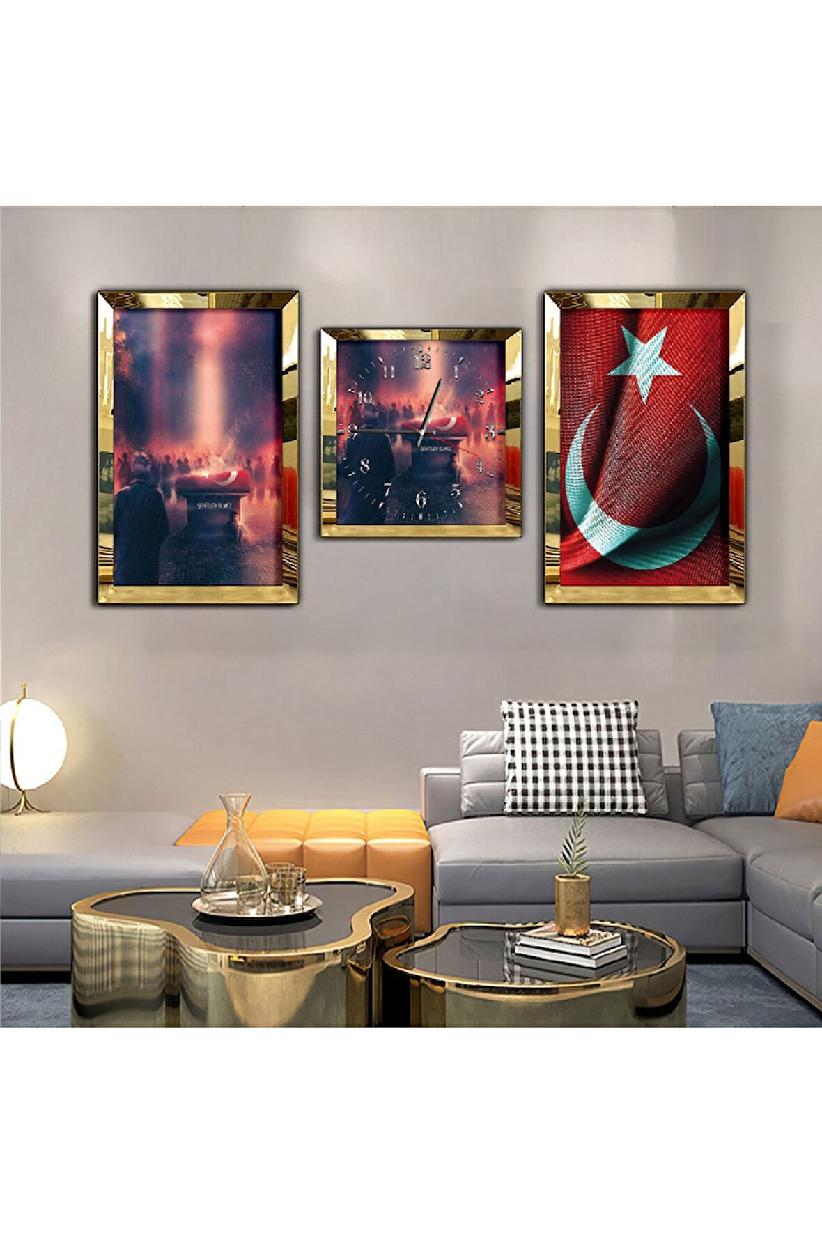 Gümüş Aynalı Pleksi Çerçeveli 15 Temmuz Aynalı Üçlü Mdf Tablo Seti Ve Saat Seti