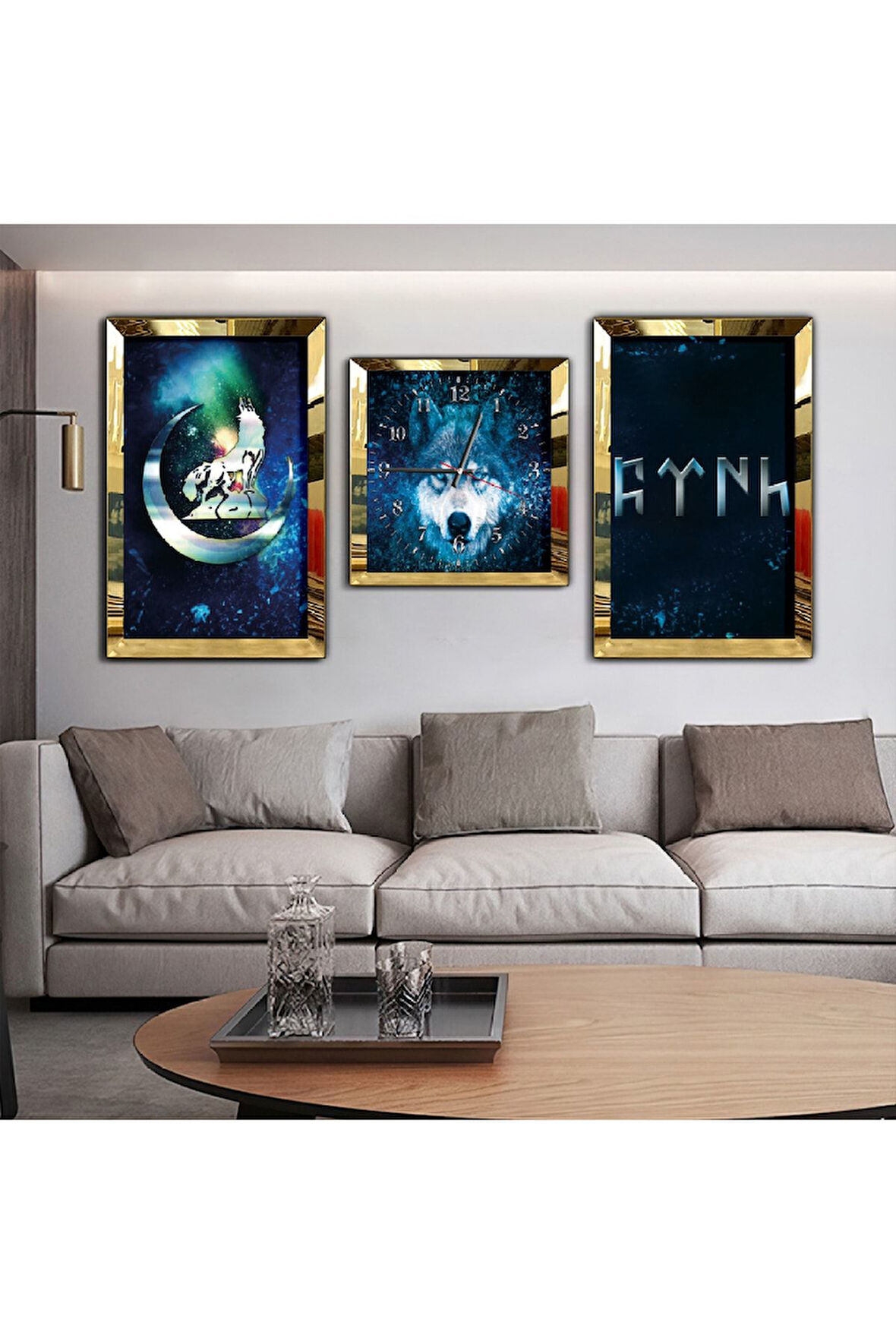 Gümüş Aynalı Pleksi Çerçeveli Göktürk Aynalı Üçlü Mdf Tablo Seti Ve Saat Seti
