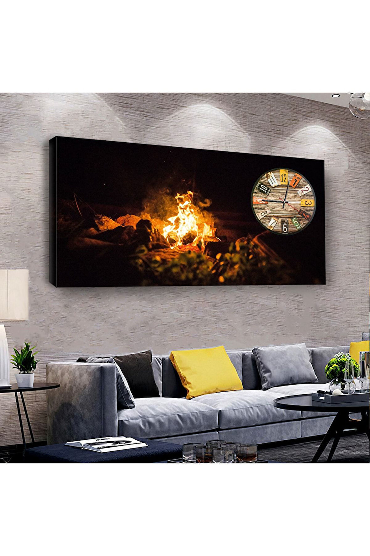 Kamp Ateşi 120 X 60 Saatli Kanvas Tablo