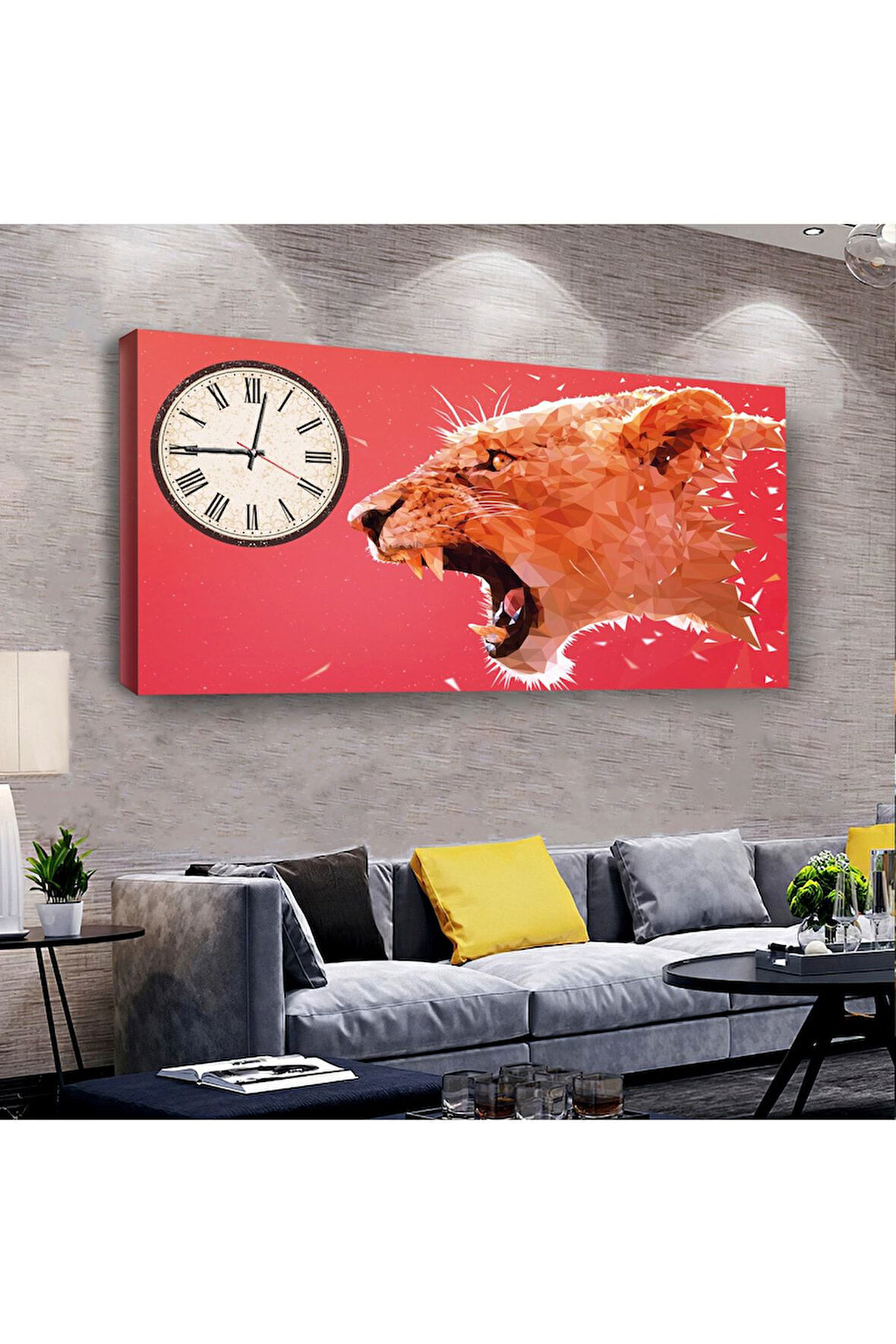 Dişi Aslan 120 X 60 Saatli Kanvas Tablo
