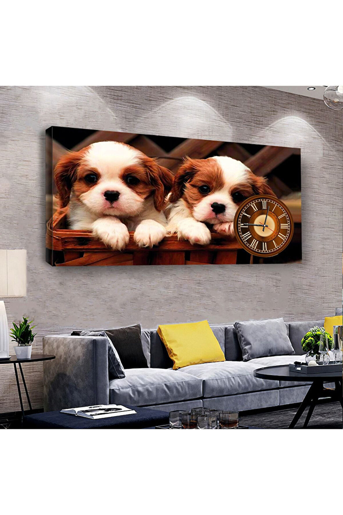Yavru Köpekler 120 X 60 Saatli Kanvas Tablo