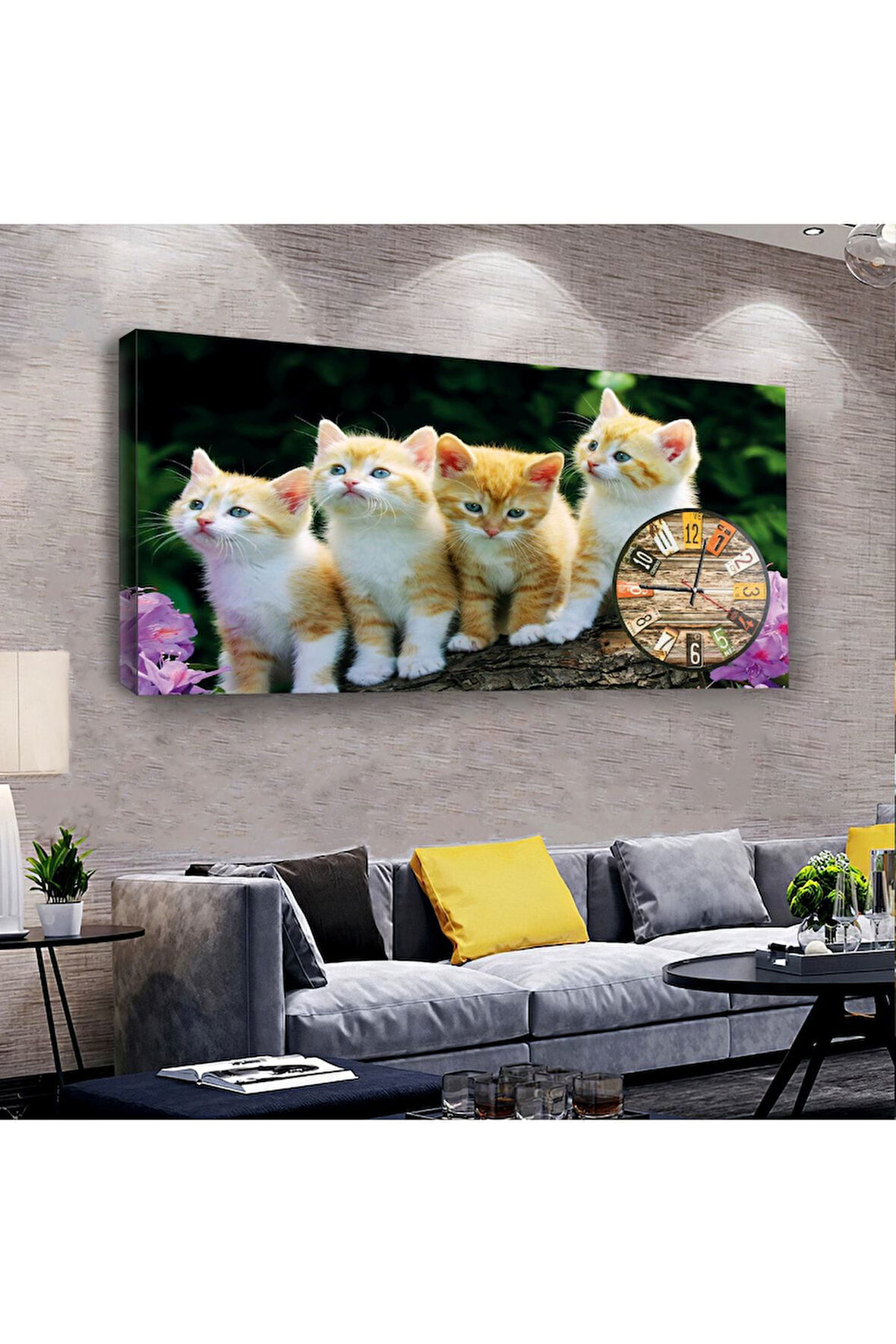Sevimli Kediler 120 X 60 Saatli Kanvas Tablo