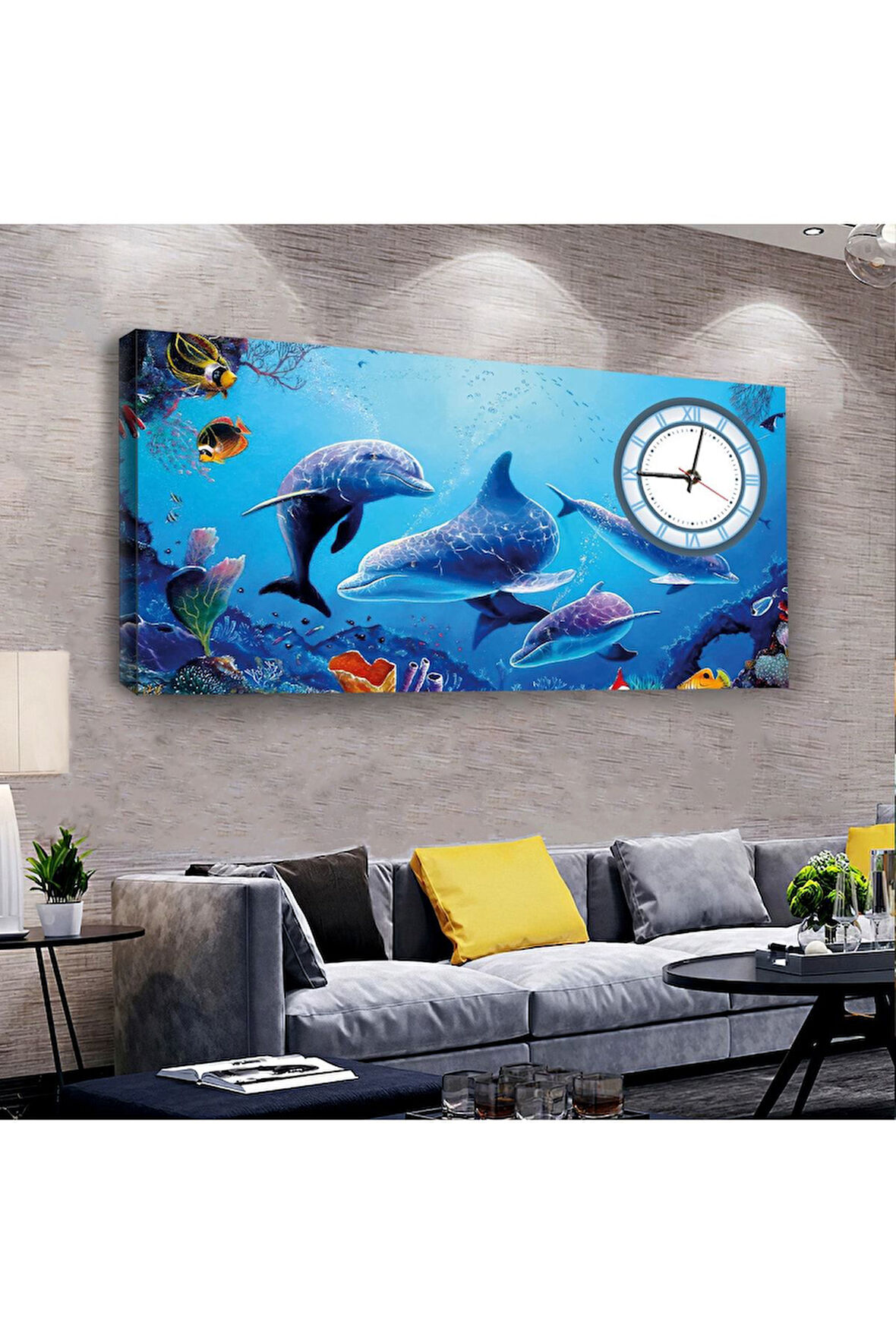 Sevimli Yunuslar 120 X 60 Saatli Kanvas Tablo