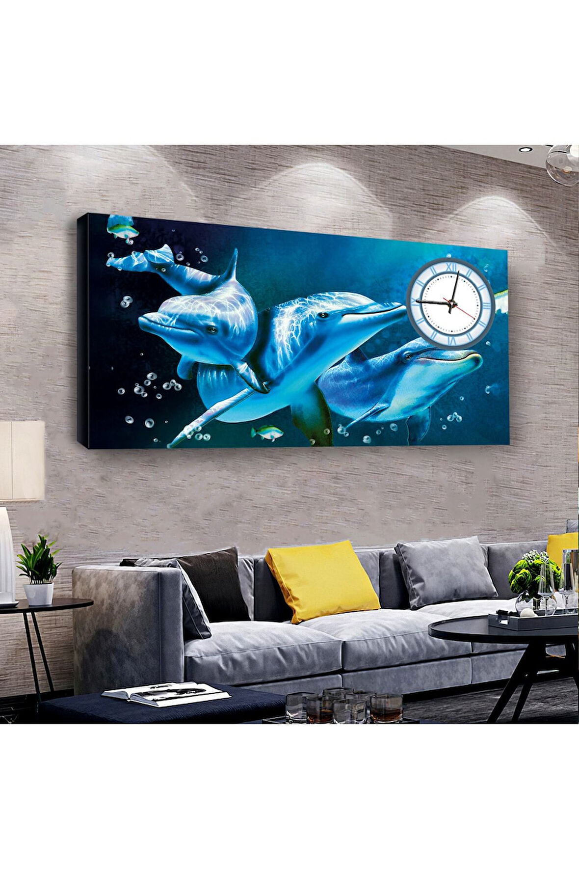 Sevimli Yunuslar 120 X 60 Saatli Kanvas Tablo