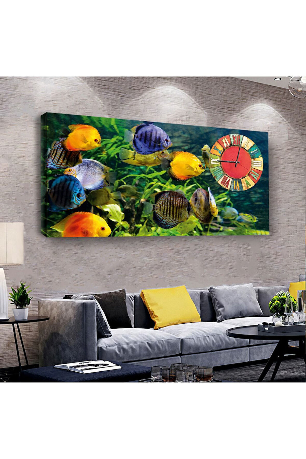 Renkli Balıklar 120 X 60 Saatli Kanvas Tablo