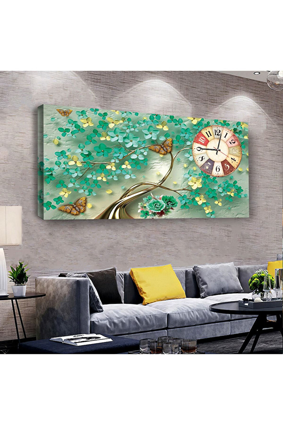 Çiçek 120 X 60 Saatli Kanvas Tablo