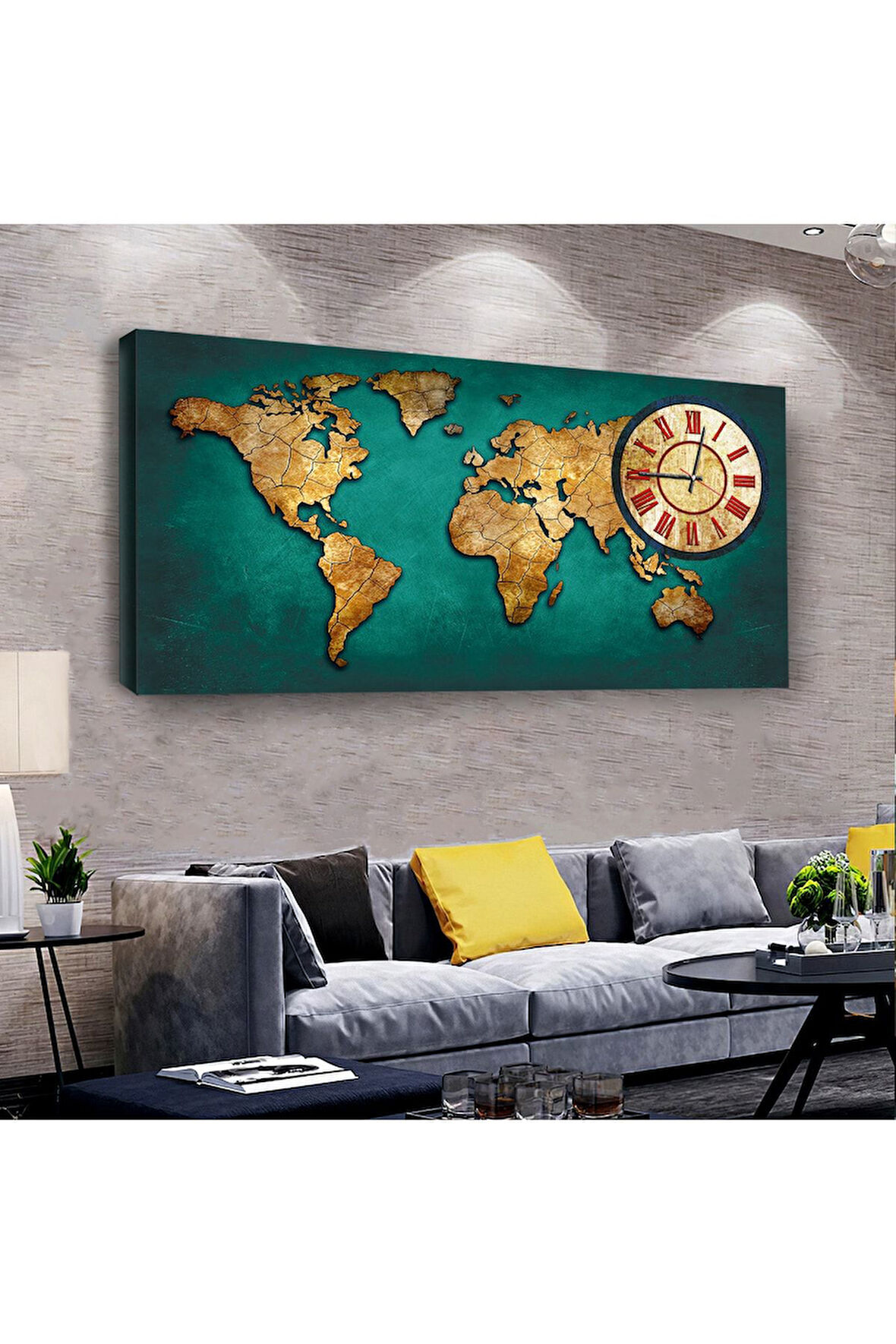 Dünya Haritası 120 X 60 Saatli Kanvas Tablo