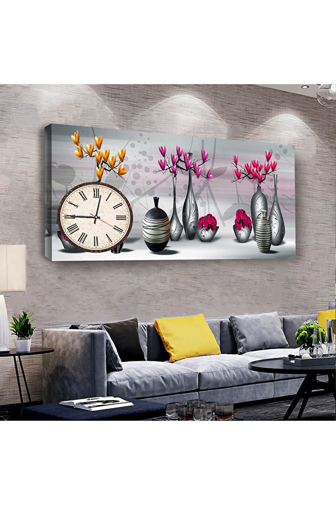 Vazo Çiçek 120 X 60 Saatli Kanvas Tablo
