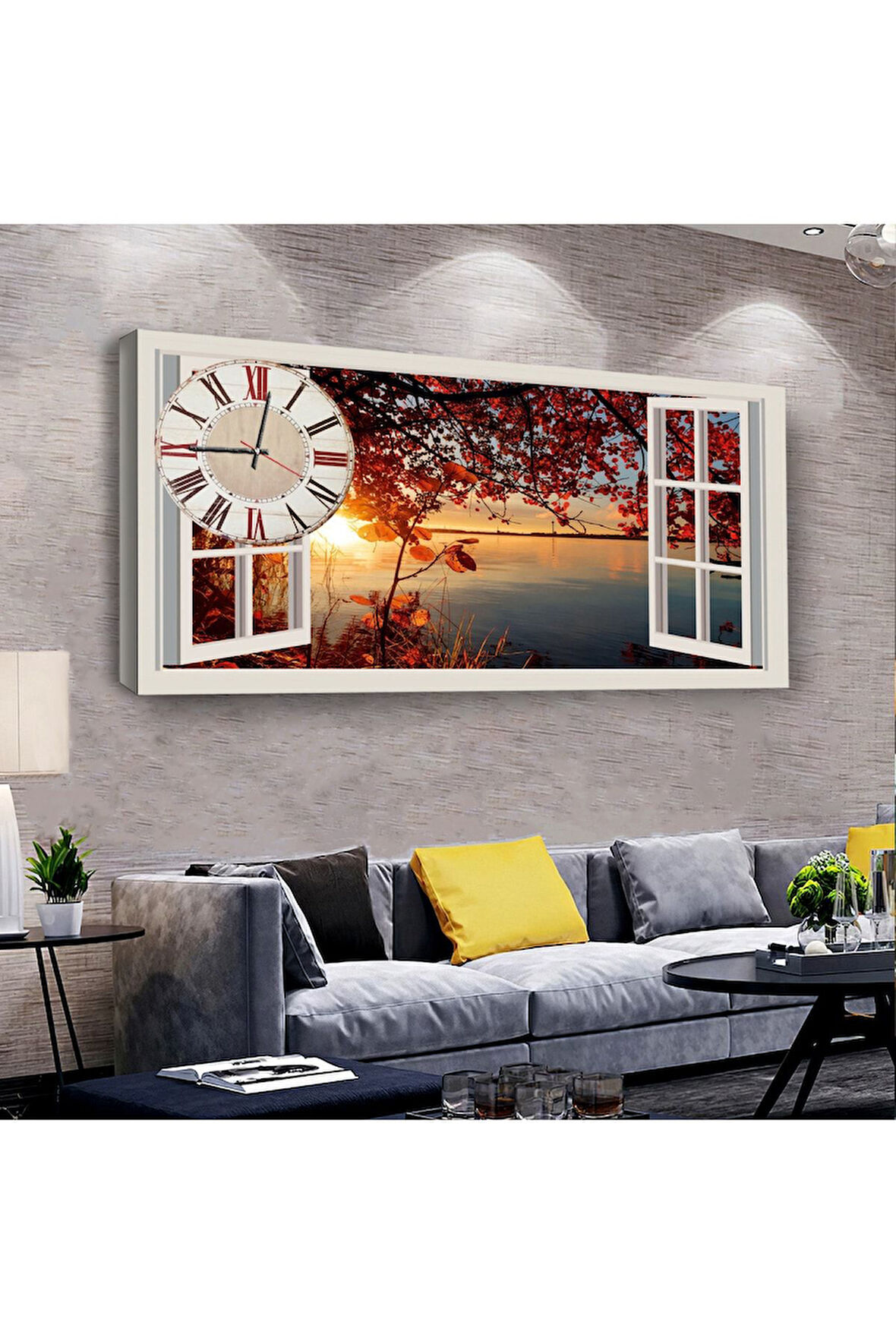 Pencere Manzara 120 X 60 Saatli Kanvas Tablo