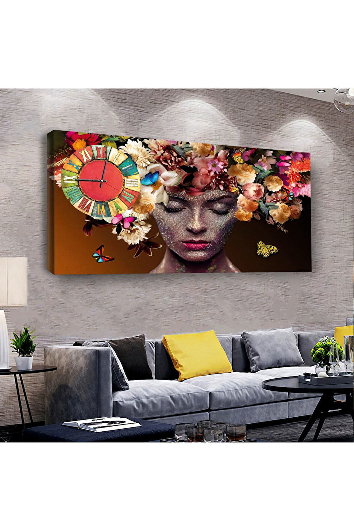 Çiçek Başlı Kız 120 X 60 Saatli Kanvas Tablo