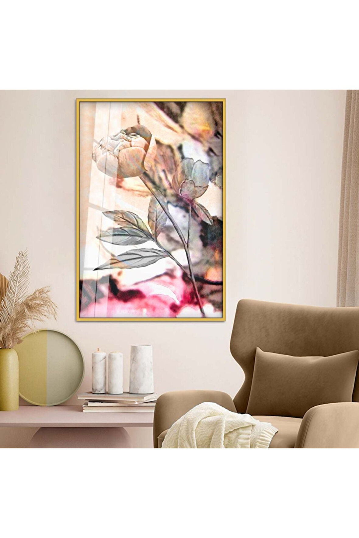 Gümüş Metal Çerçeveli Çiçek Desen Modern Çizim Kırılmaz Cam Tablo