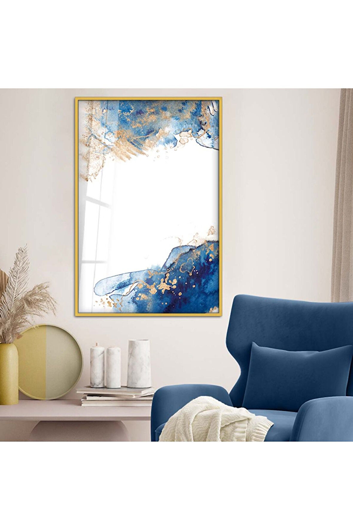 Gümüş Metal Çerçeveli Soyut Tema Modern Çizim Kırılmaz Cam Tablo