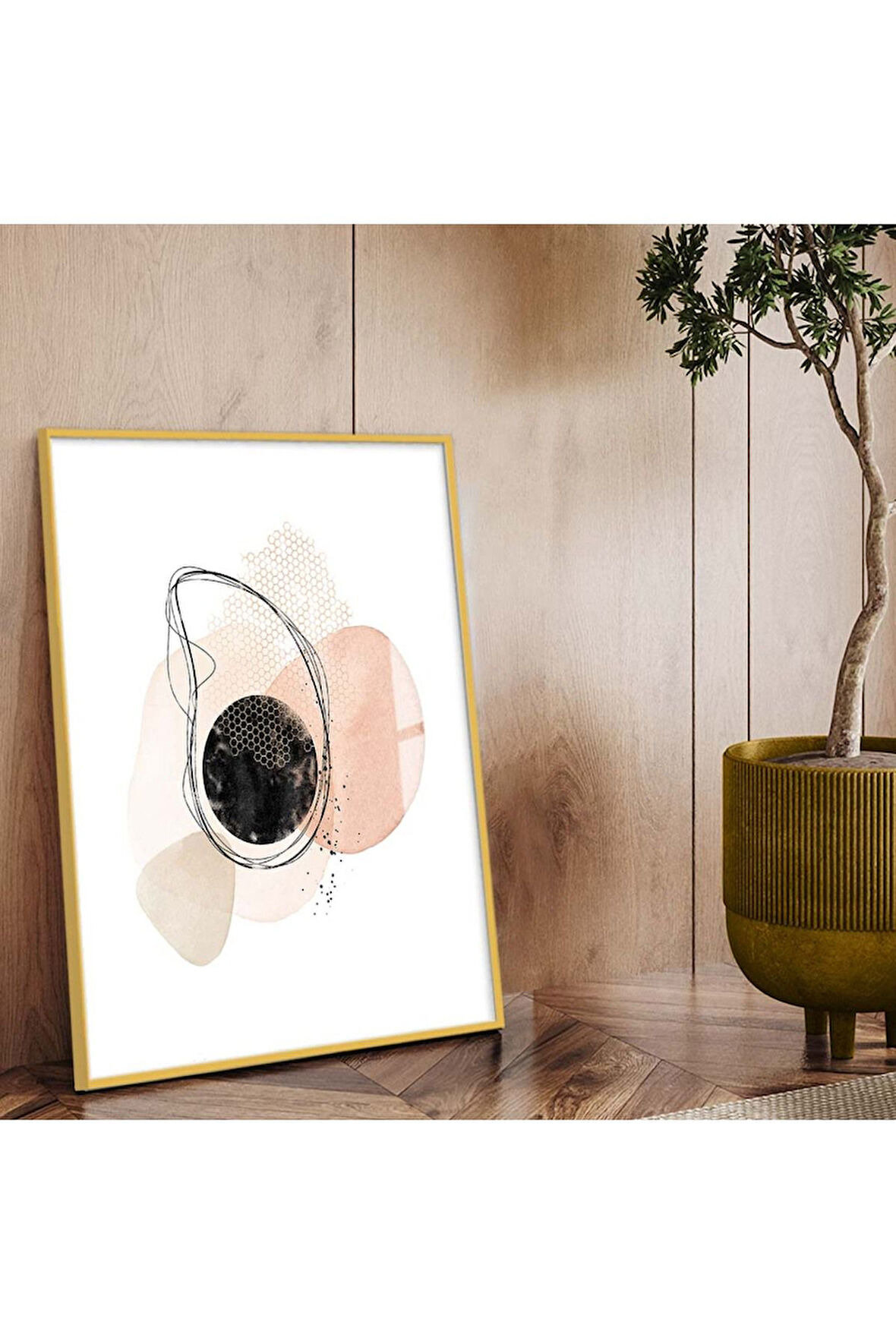 Gold Metal Çerçeveli Geometrik Desen Modern Çizim Kırılmaz Cam Tablo