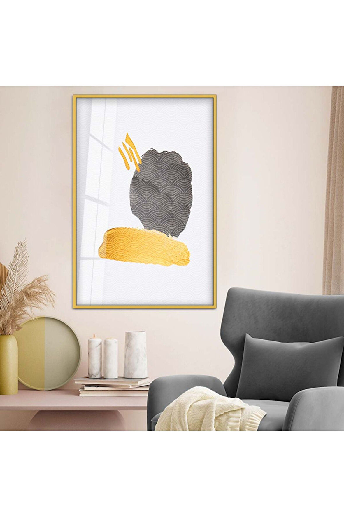 Siyah Metal Çerçeveli Kolaj Çizim Soyut Tema Kırılmaz Cam Tablo