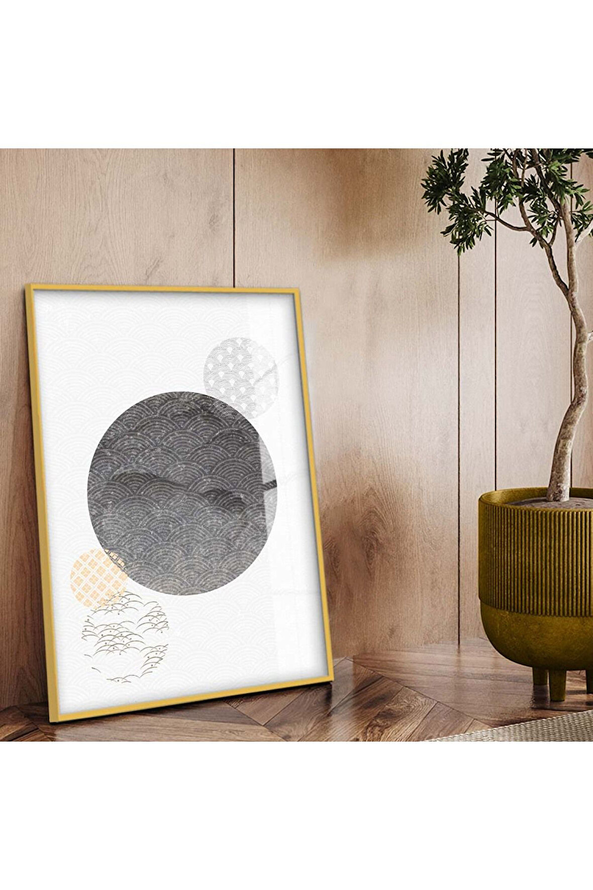 Gold Metal Çerçeveli Geometrik Desen Modern Çizim Kırılmaz Cam Tablo