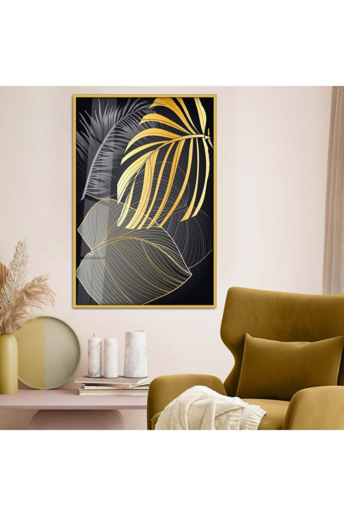 Siyah Metal Çerçeveli Kolaj Çizim Yaprak Desen Kırılmaz Cam Tablo