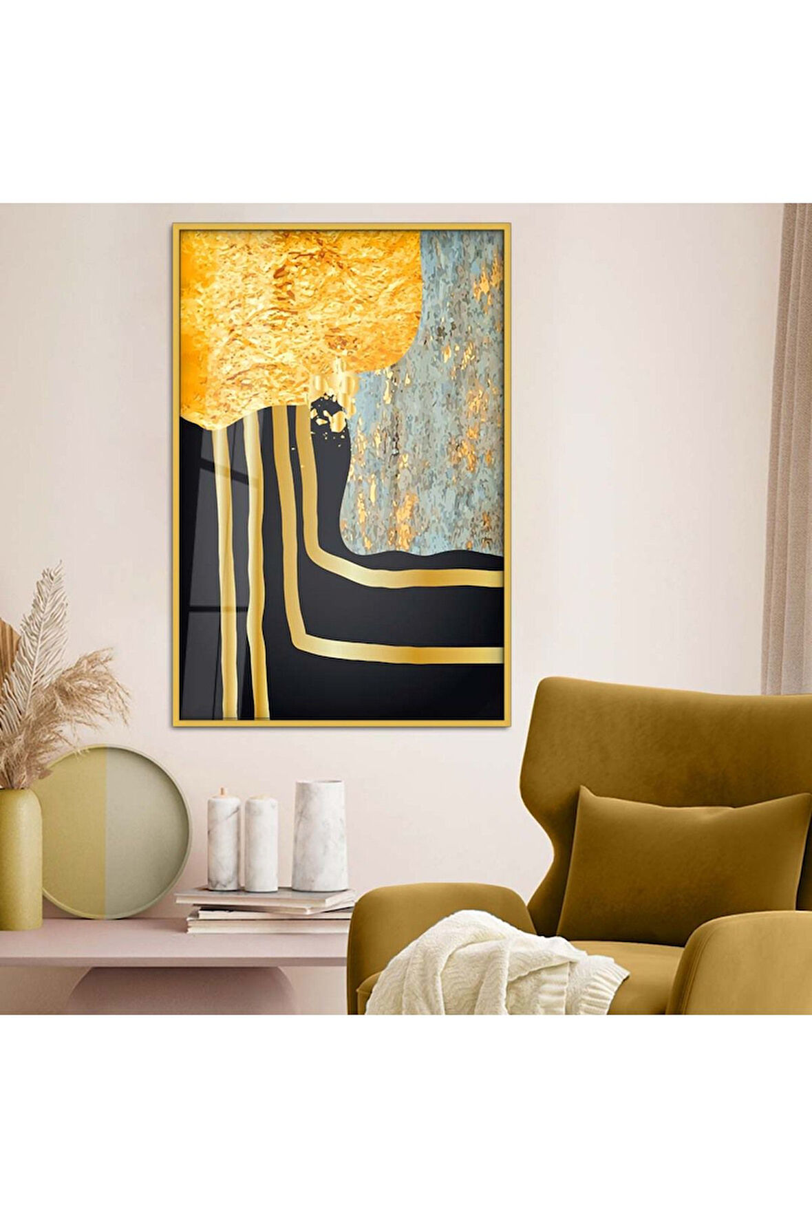 Gümüş Metal Çerçeveli Kolaj Çizim Soyut Tema Kırılmaz Cam Tablo