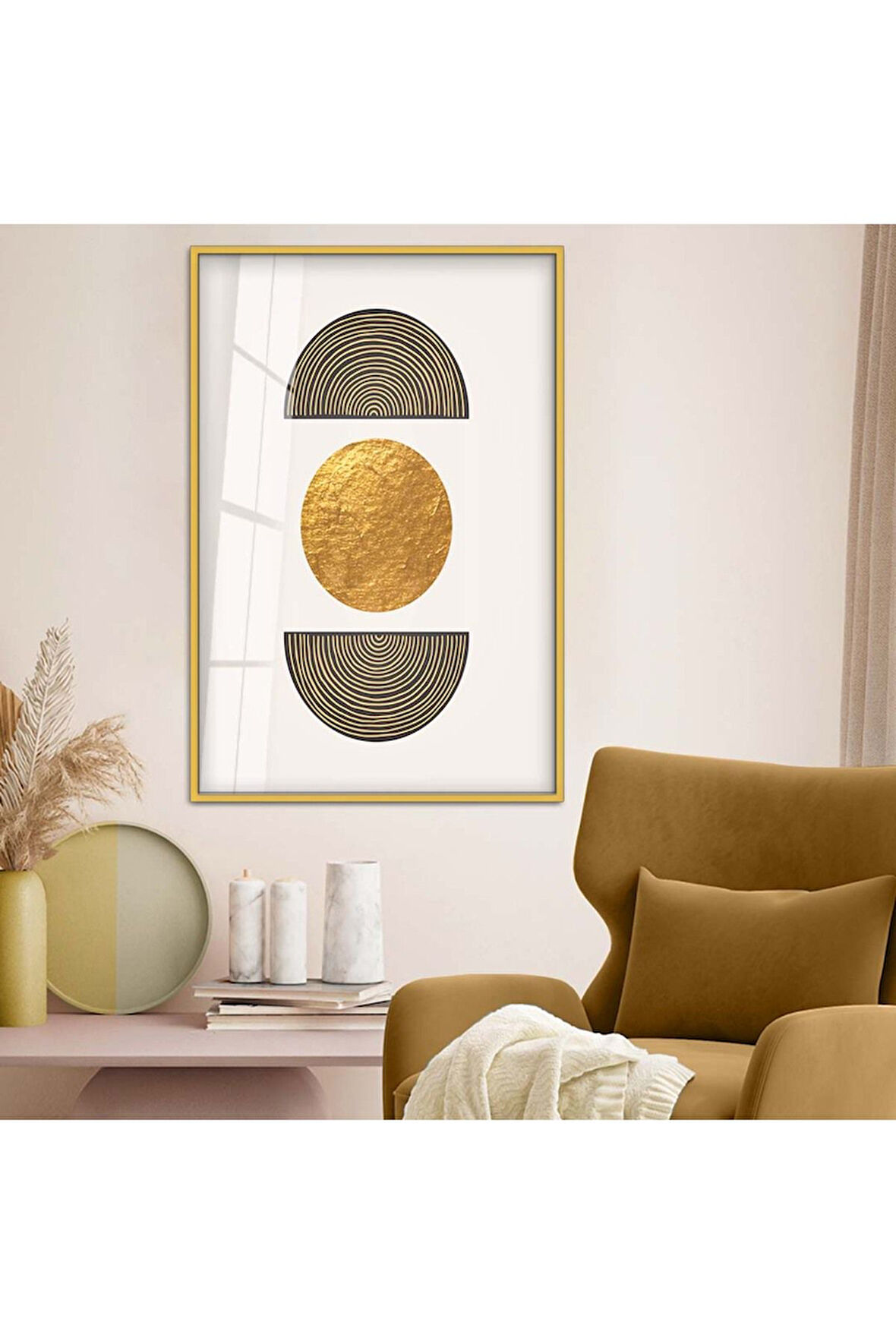 Siyah Metal Çerçeveli Geometrik Çizim Soyut Tema Çizim Kırılmaz Cam Tablo