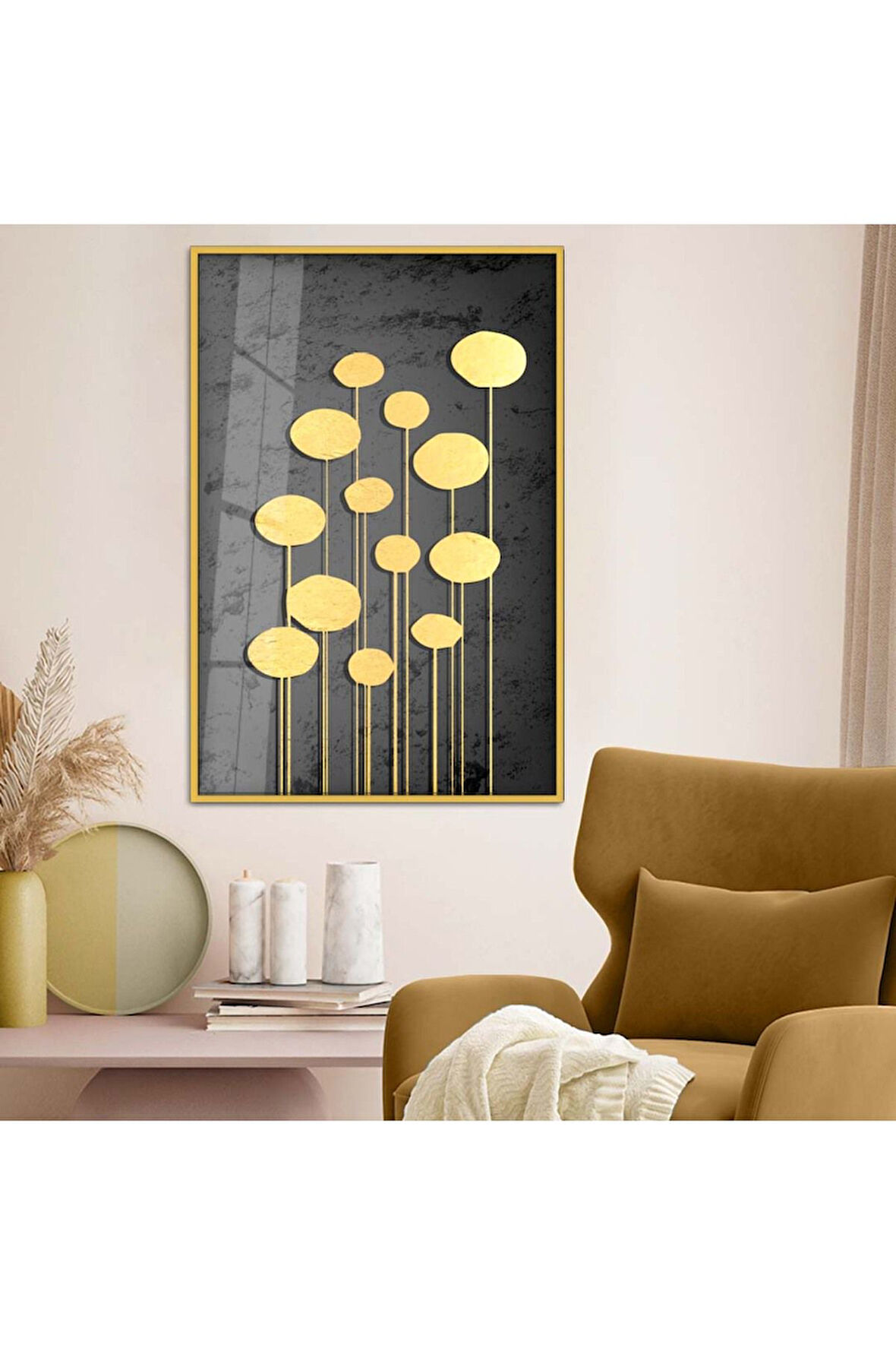 Gümüş Metal Çerçeveli Gold Tema Kolaj Çizim Kırılmaz Cam Tablo