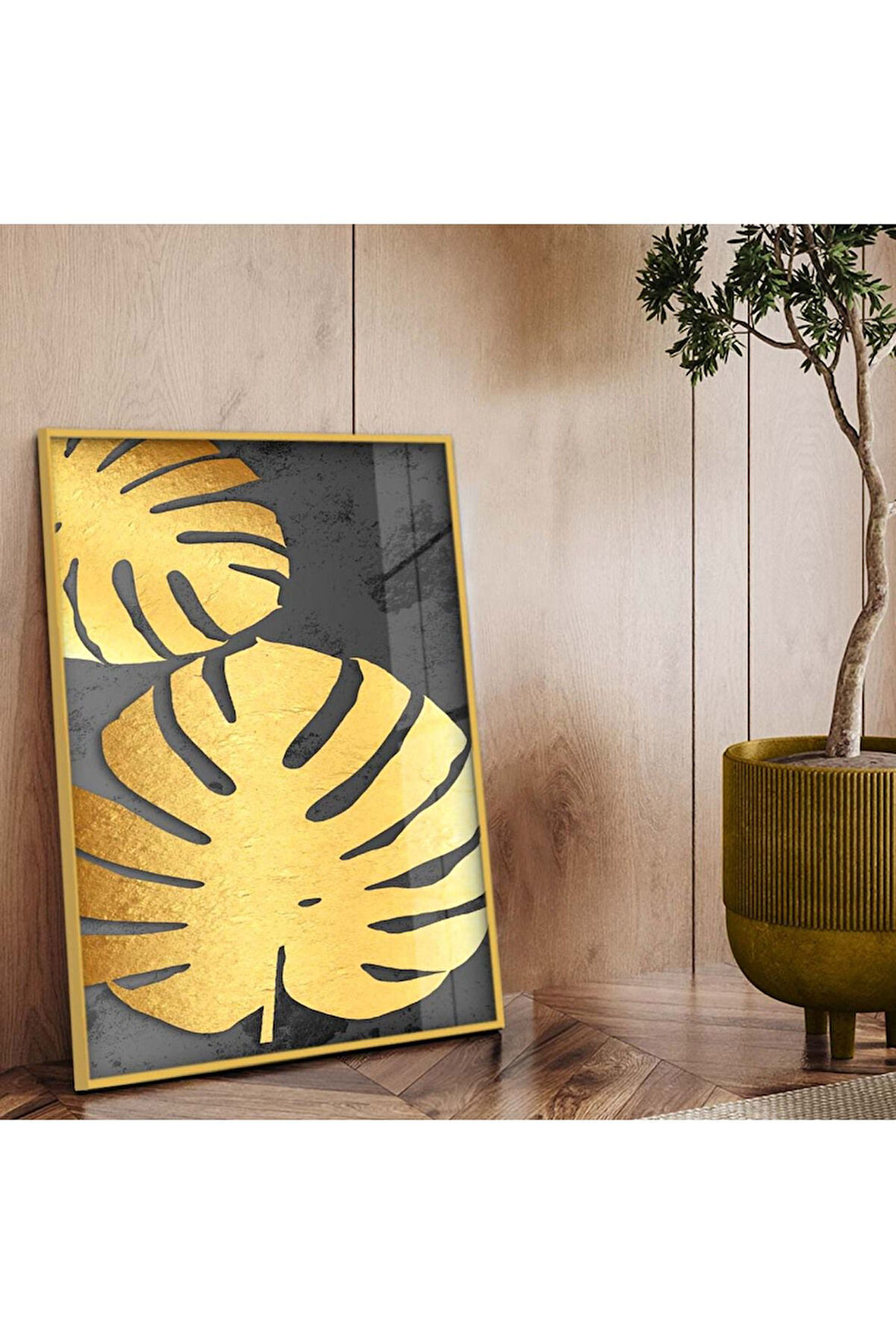 Gold Metal Çerçeveli Gold Tema Kolaj Çizim Kırılmaz Cam Tablo