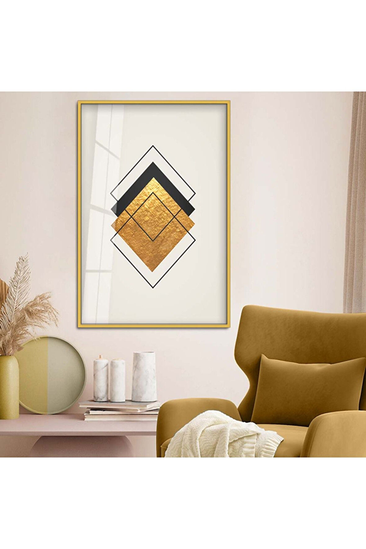 Siyah Metal Çerçeveli Geometrik Çizim Soyut Tema Çizim Kırılmaz Cam Tablo