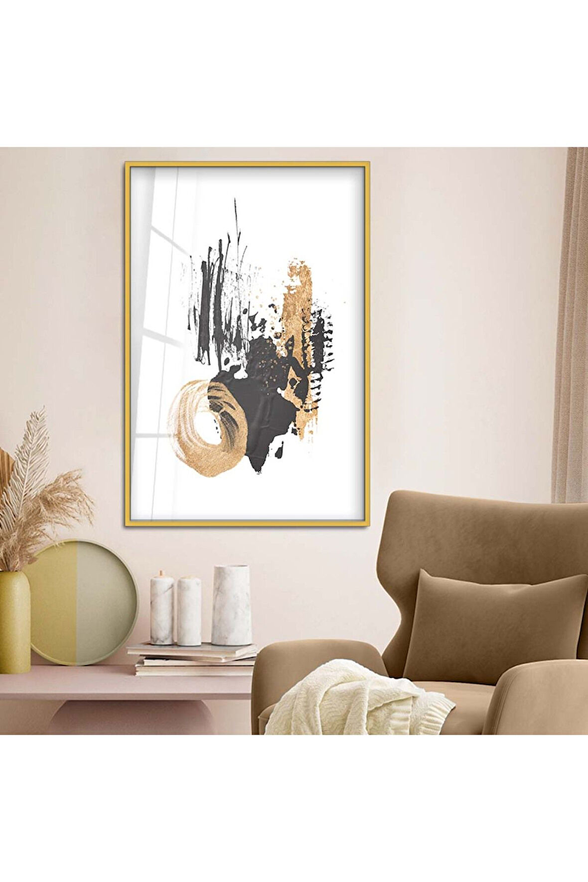 Siyah Metal Çerçeveli Kolaj Çizim Soyut Tema Kırılmaz Cam Tablo