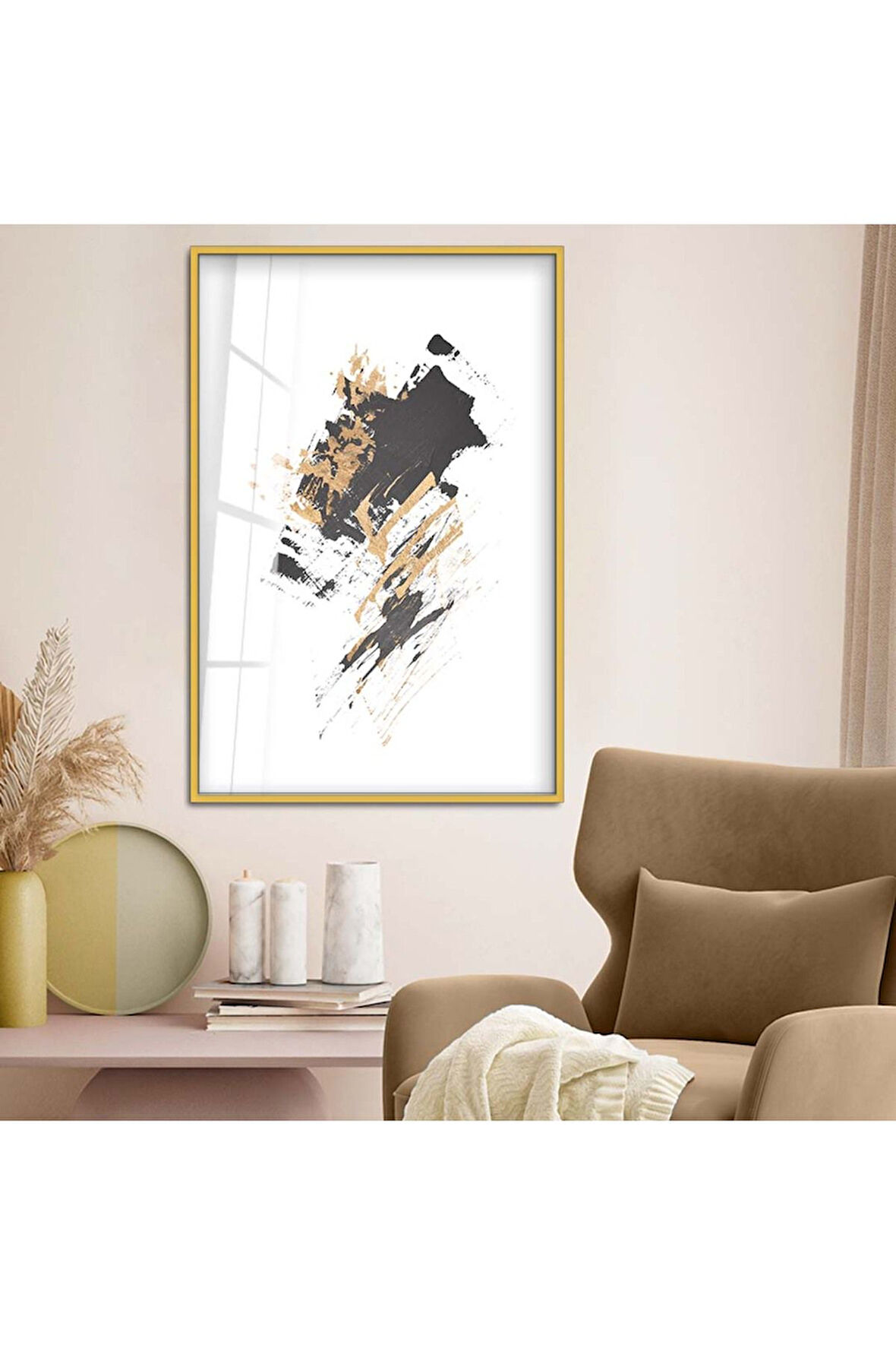 Gümüş Metal Çerçeveli Kolaj Çizim Soyut Tema Kırılmaz Cam Tablo